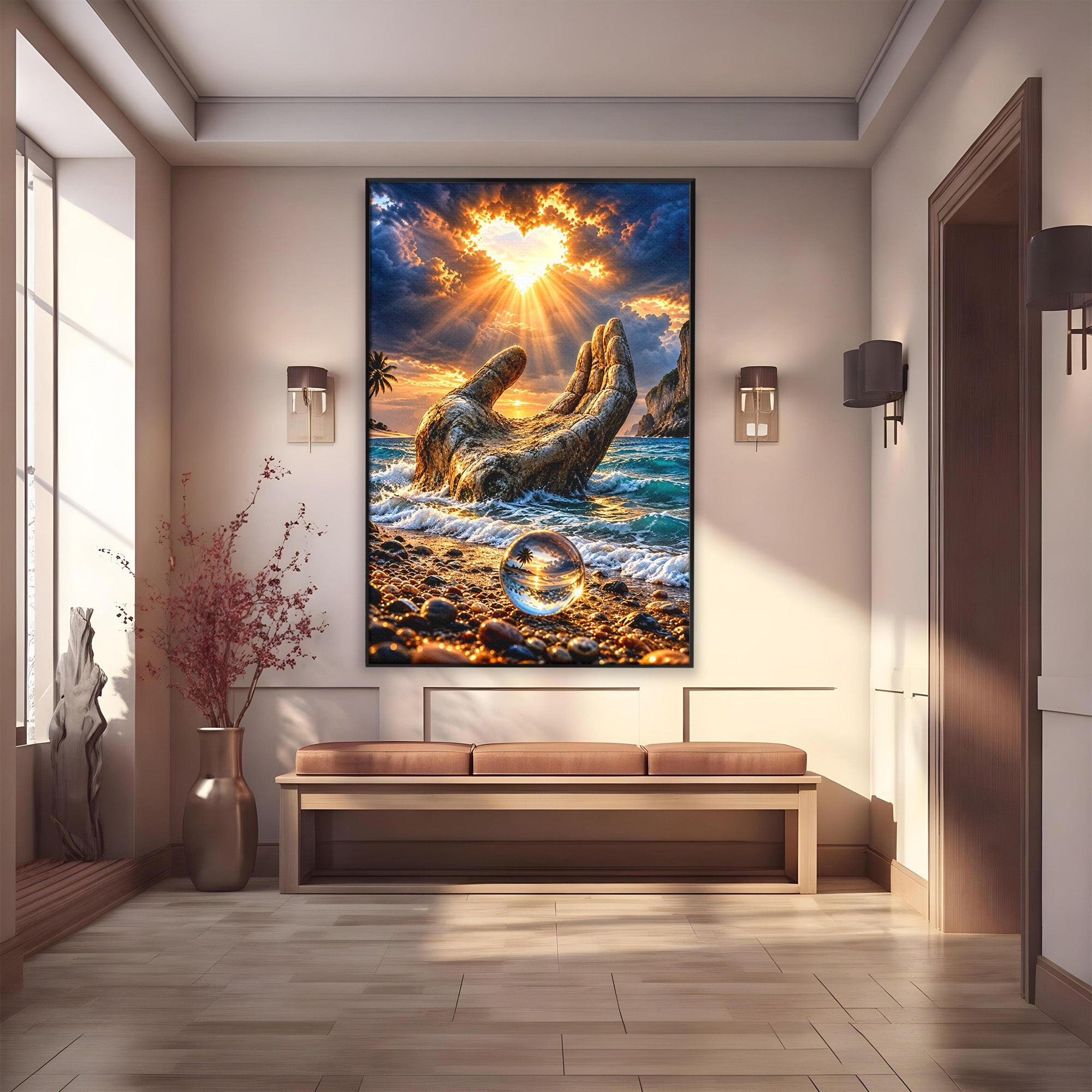 Tablou Canvas Premium LuxCanva® U1203, Mana Divina La Apus, Inima, Ocean, Natura, Mana, Apus, Living, Culori Vibrante