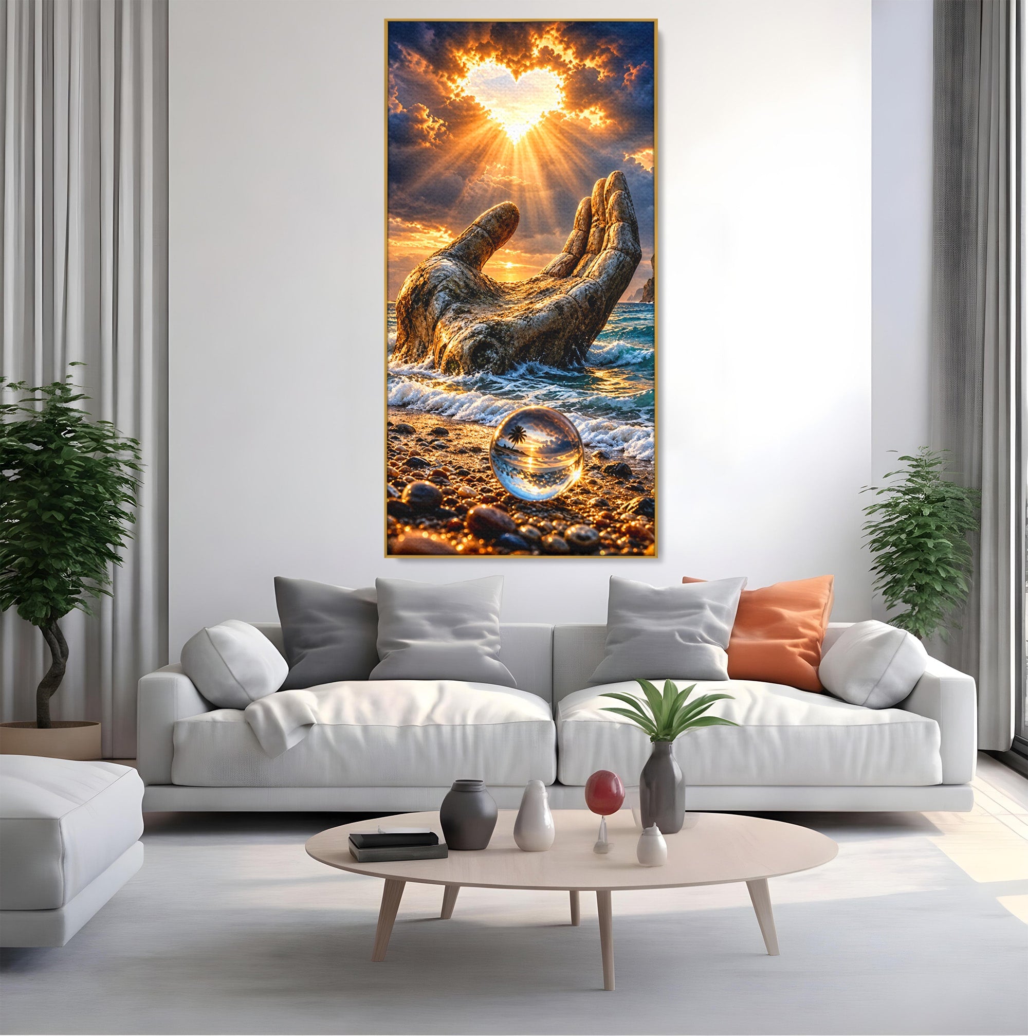 Tablou Canvas Premium LuxCanva® U1203, Mana Divina La Apus, Inima, Ocean, Natura, Mana, Apus, Living, Culori Vibrante