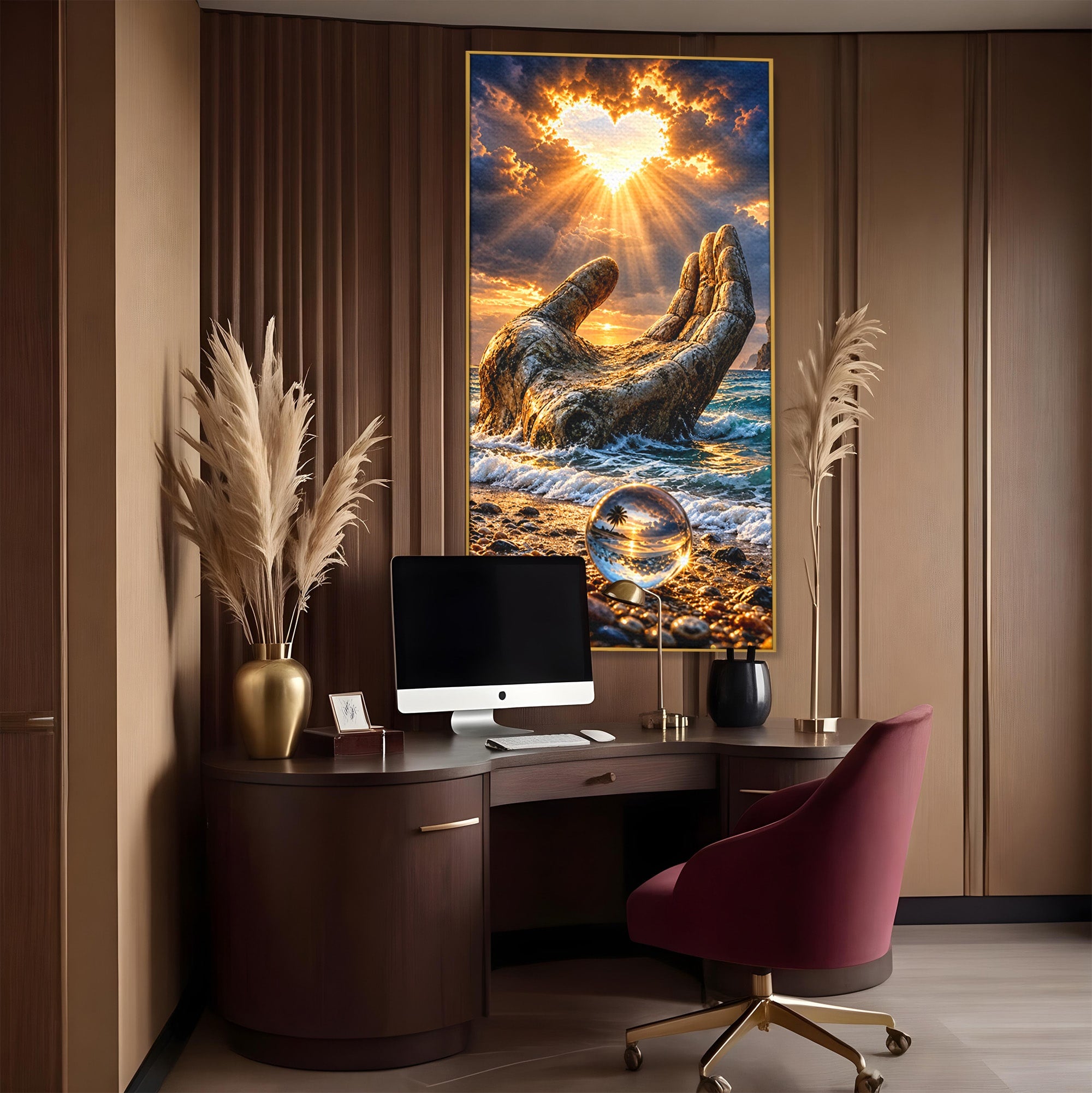 Tablou Canvas Premium LuxCanva® U1203, Mana Divina La Apus, Inima, Ocean, Natura, Mana, Apus, Living, Culori Vibrante
