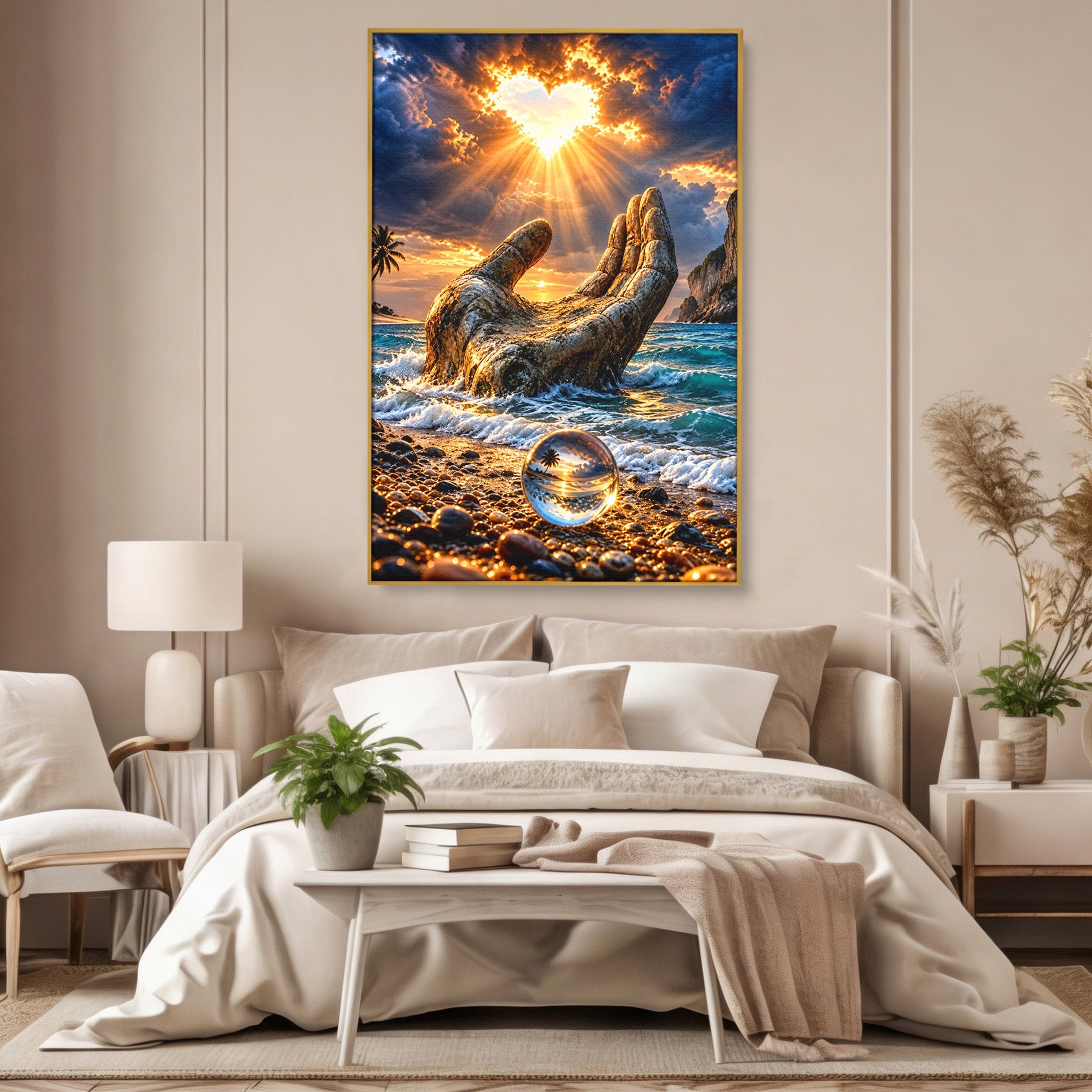 Tablou Canvas Premium LuxCanva® U1203, Mana Divina La Apus, Inima, Ocean, Natura, Mana, Apus, Living, Culori Vibrante