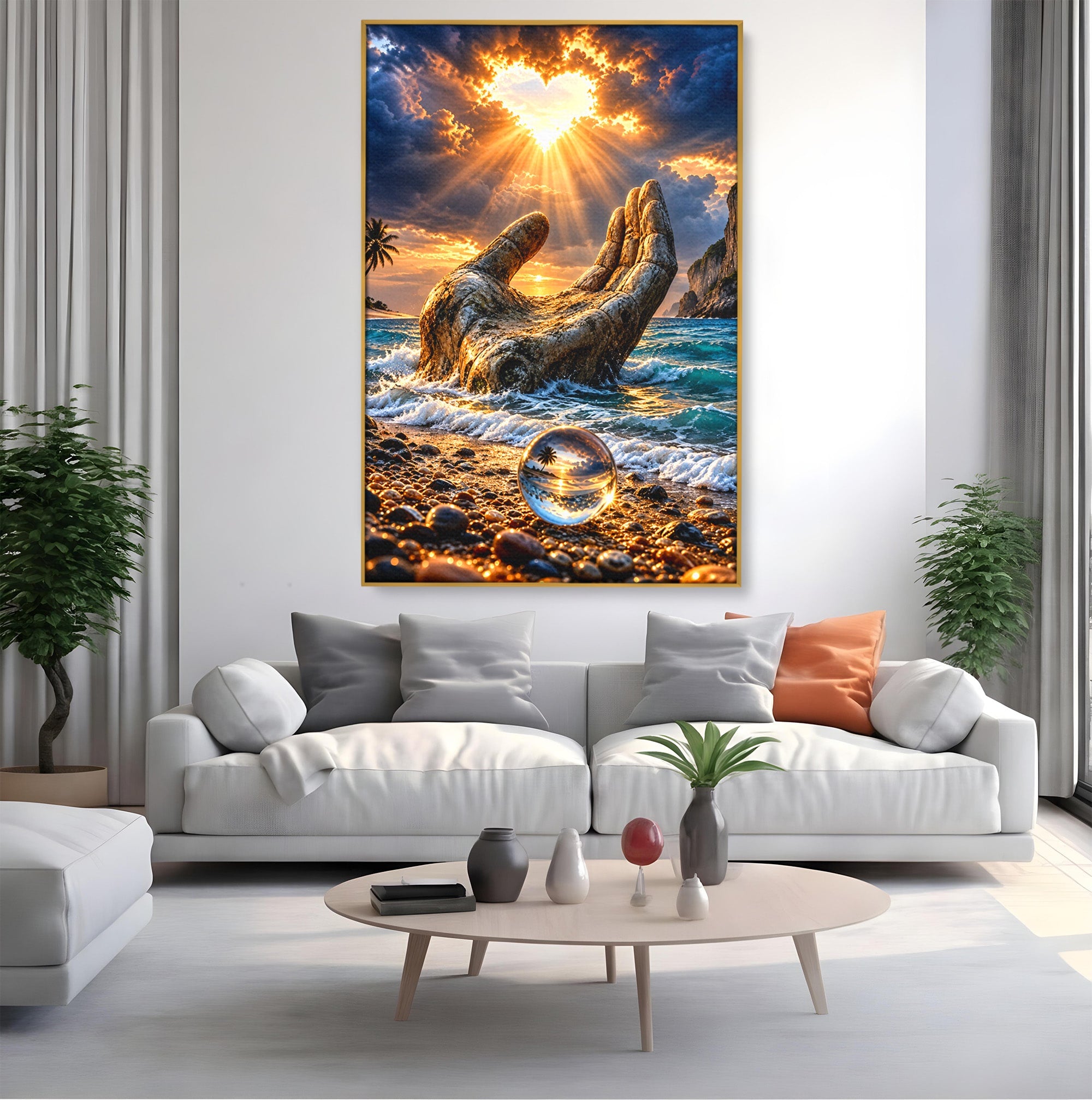 Tablou Canvas Premium LuxCanva® U1203, Mana Divina La Apus, Inima, Ocean, Natura, Mana, Apus, Living, Culori Vibrante