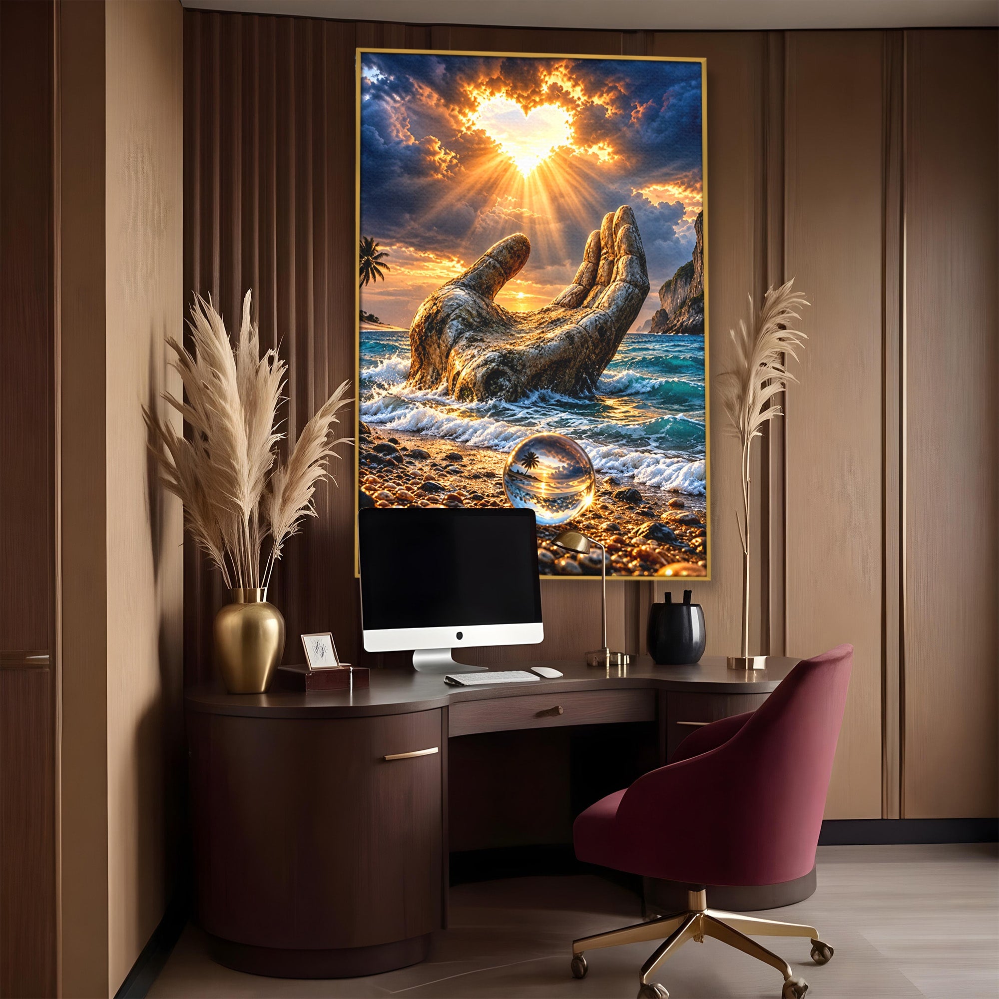 Tablou Canvas Premium LuxCanva® U1203, Mana Divina La Apus, Inima, Ocean, Natura, Mana, Apus, Living, Culori Vibrante