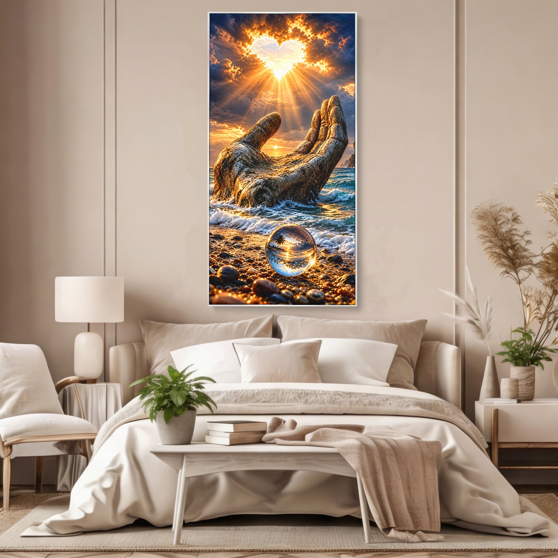 Tablou Canvas Premium LuxCanva® U1203, Mana Divina La Apus, Inima, Ocean, Natura, Mana, Apus, Living, Culori Vibrante