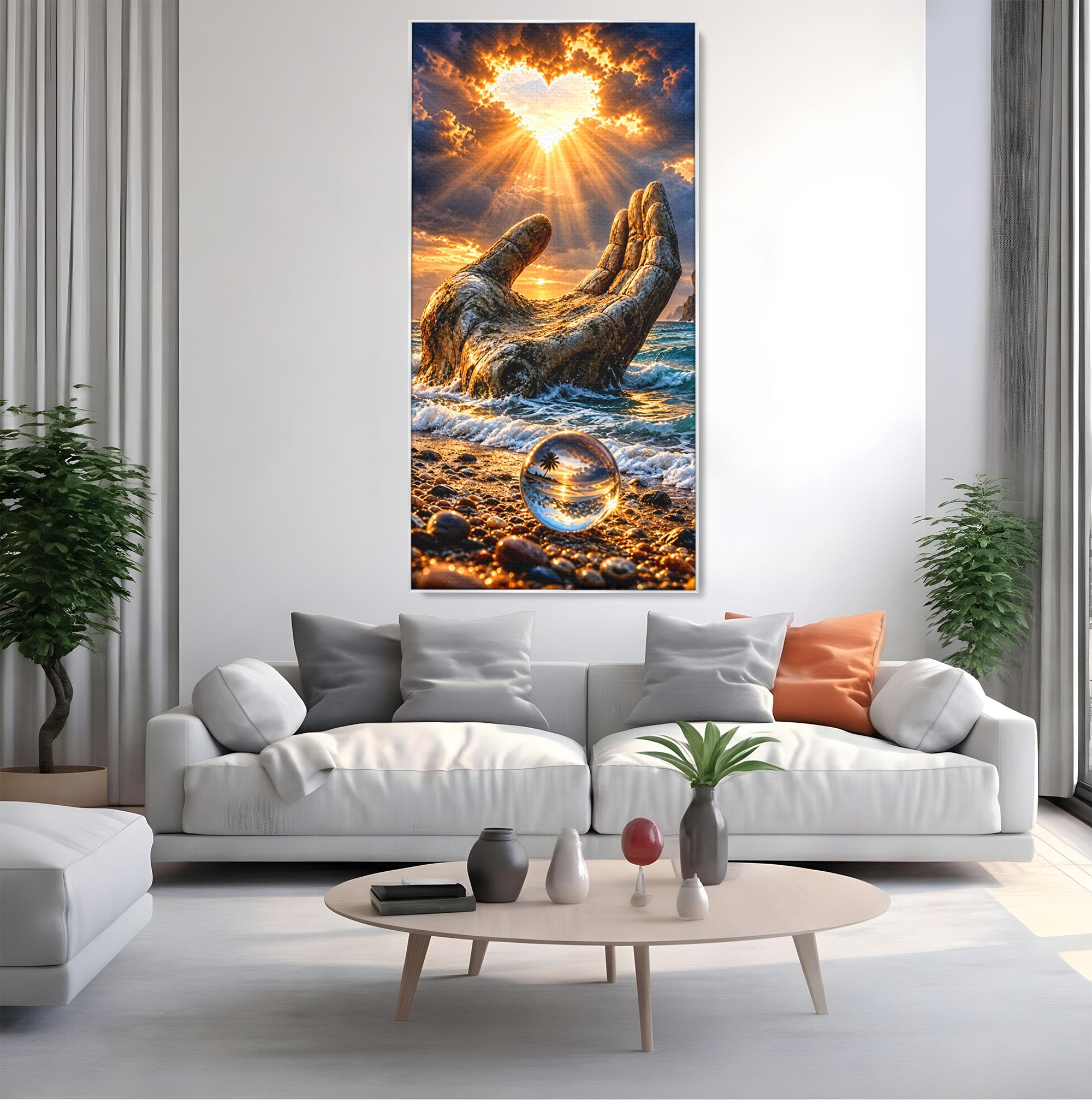 Tablou Canvas Premium LuxCanva® U1203, Mana Divina La Apus, Inima, Ocean, Natura, Mana, Apus, Living, Culori Vibrante