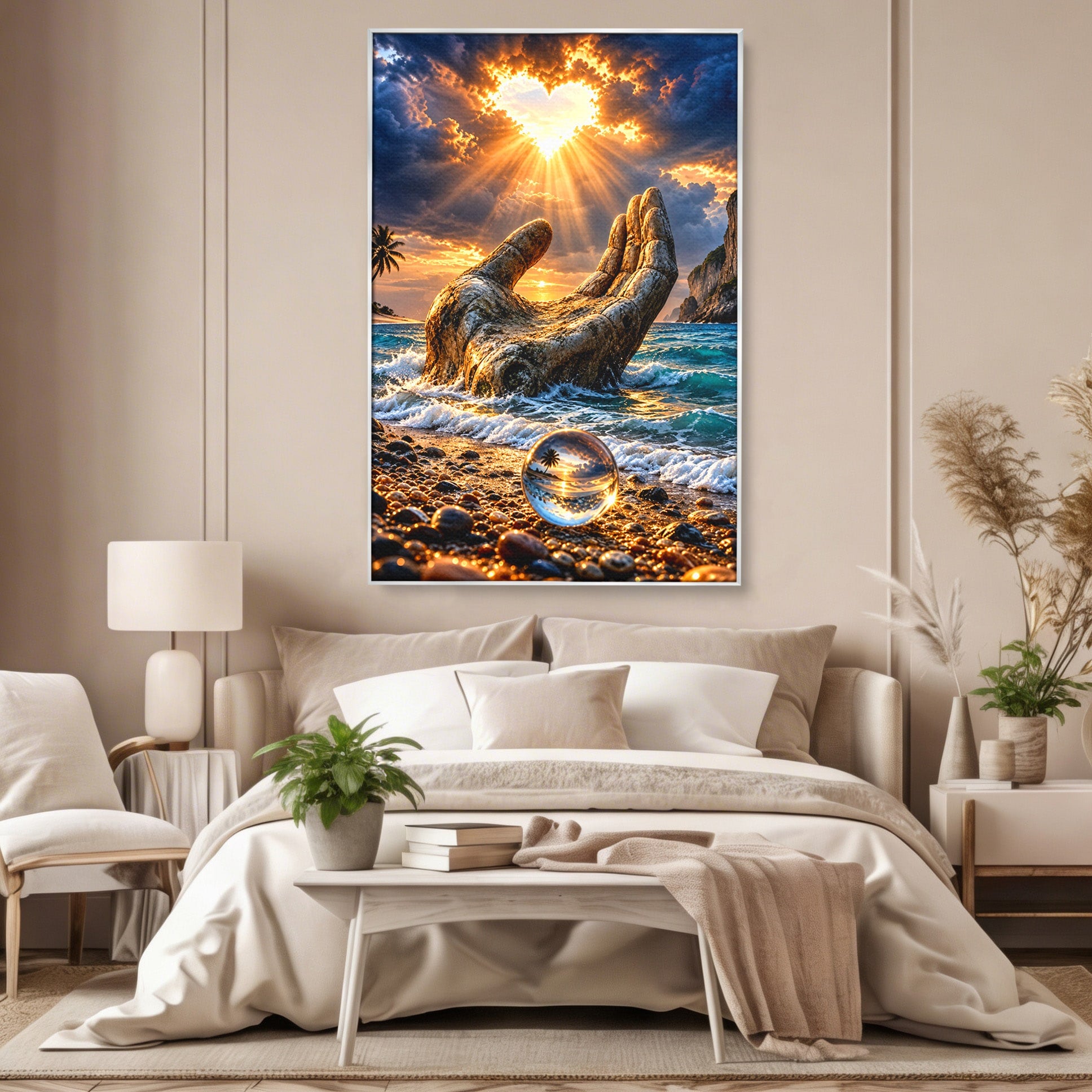 Tablou Canvas Premium LuxCanva® U1203, Mana Divina La Apus, Inima, Ocean, Natura, Mana, Apus, Living, Culori Vibrante