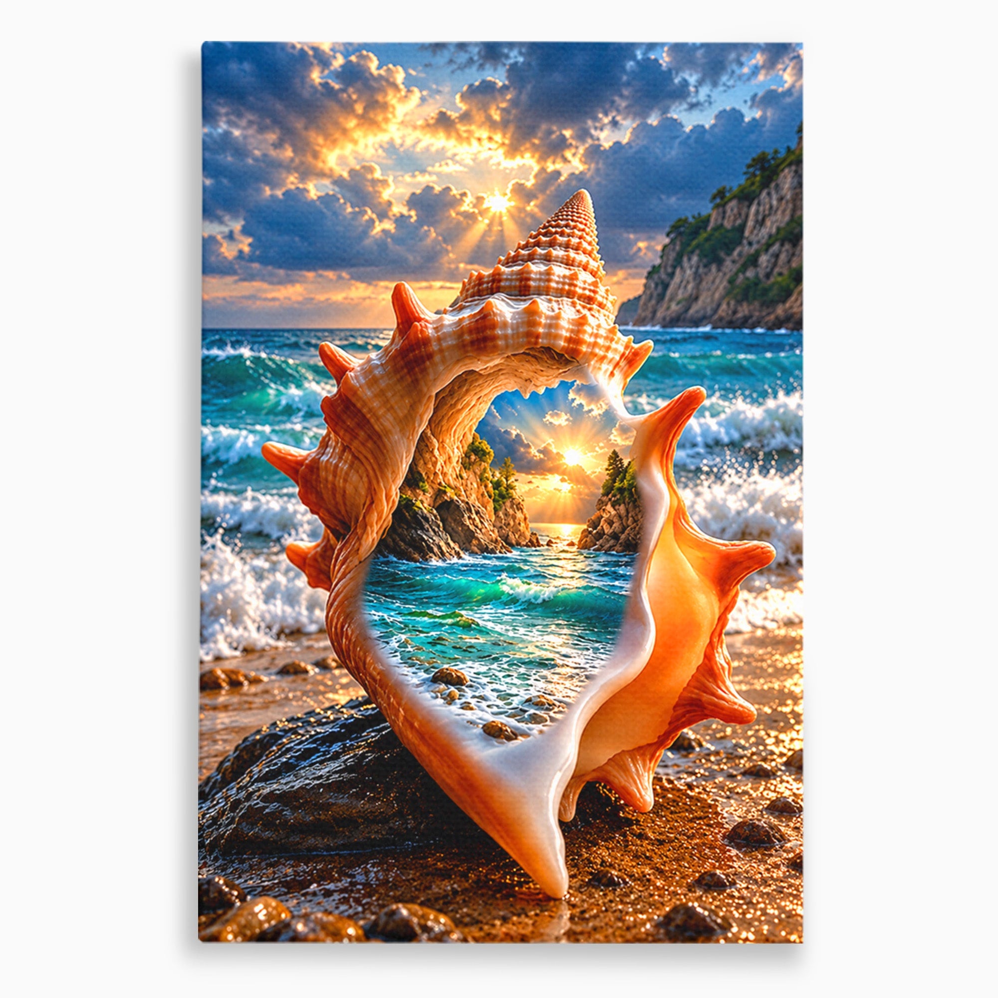 Tablou Canvas Premium LuxCanva® U1205, Peisaj Marin In Scoica, Mare ,Valuri, Apus, Natura, Scoica, Living, Dormitor, Culori Vibrante