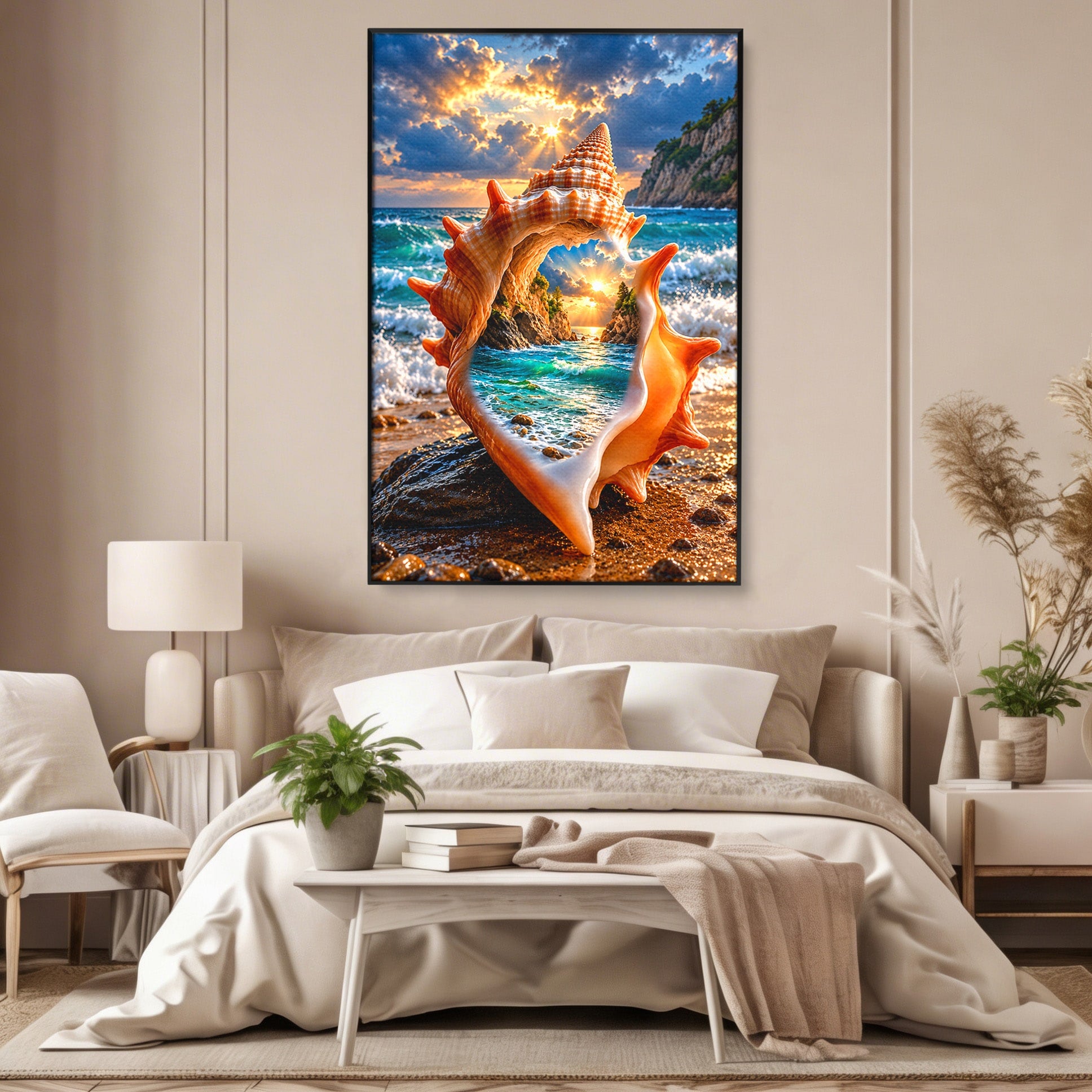 Tablou Canvas Premium LuxCanva® U1205, Peisaj Marin In Scoica, Mare ,Valuri, Apus, Natura, Scoica, Living, Dormitor, Culori Vibrante