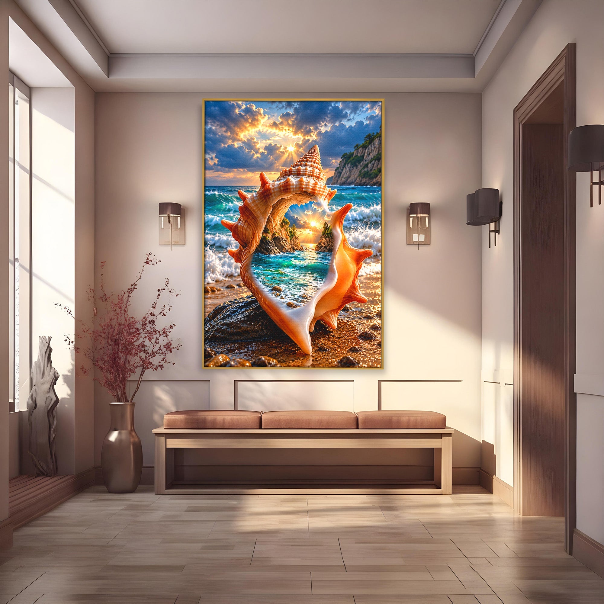 Tablou Canvas Premium LuxCanva® U1205, Peisaj Marin In Scoica, Mare ,Valuri, Apus, Natura, Scoica, Living, Dormitor, Culori Vibrante