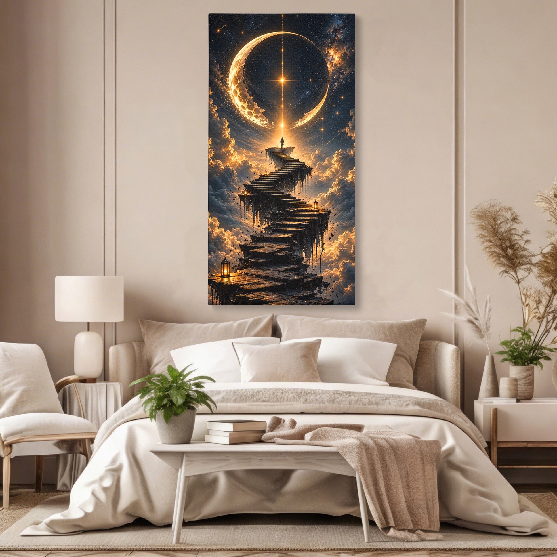 Tablou Canvas Premium LuxCanva® U1208, Scarile Spre Luna, Stele, Cer, Fantezie, Luna, Living, Culori Vibrante