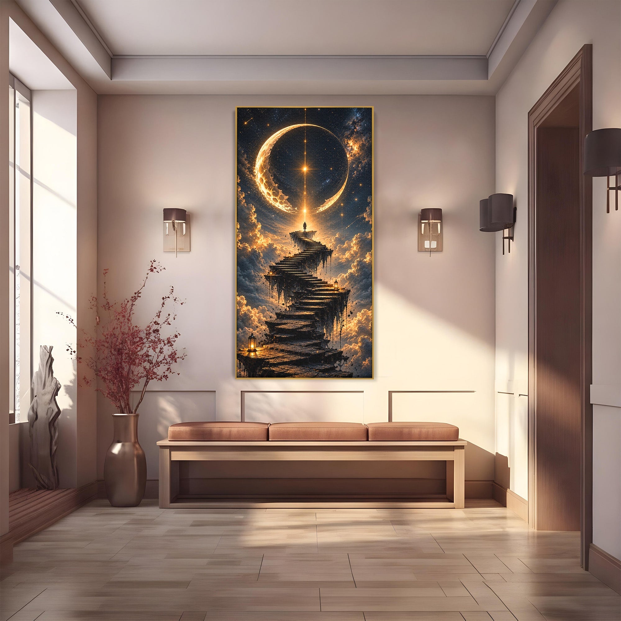 Tablou Canvas Premium LuxCanva® U1208, Scarile Spre Luna, Stele, Cer, Fantezie, Luna, Living, Culori Vibrante