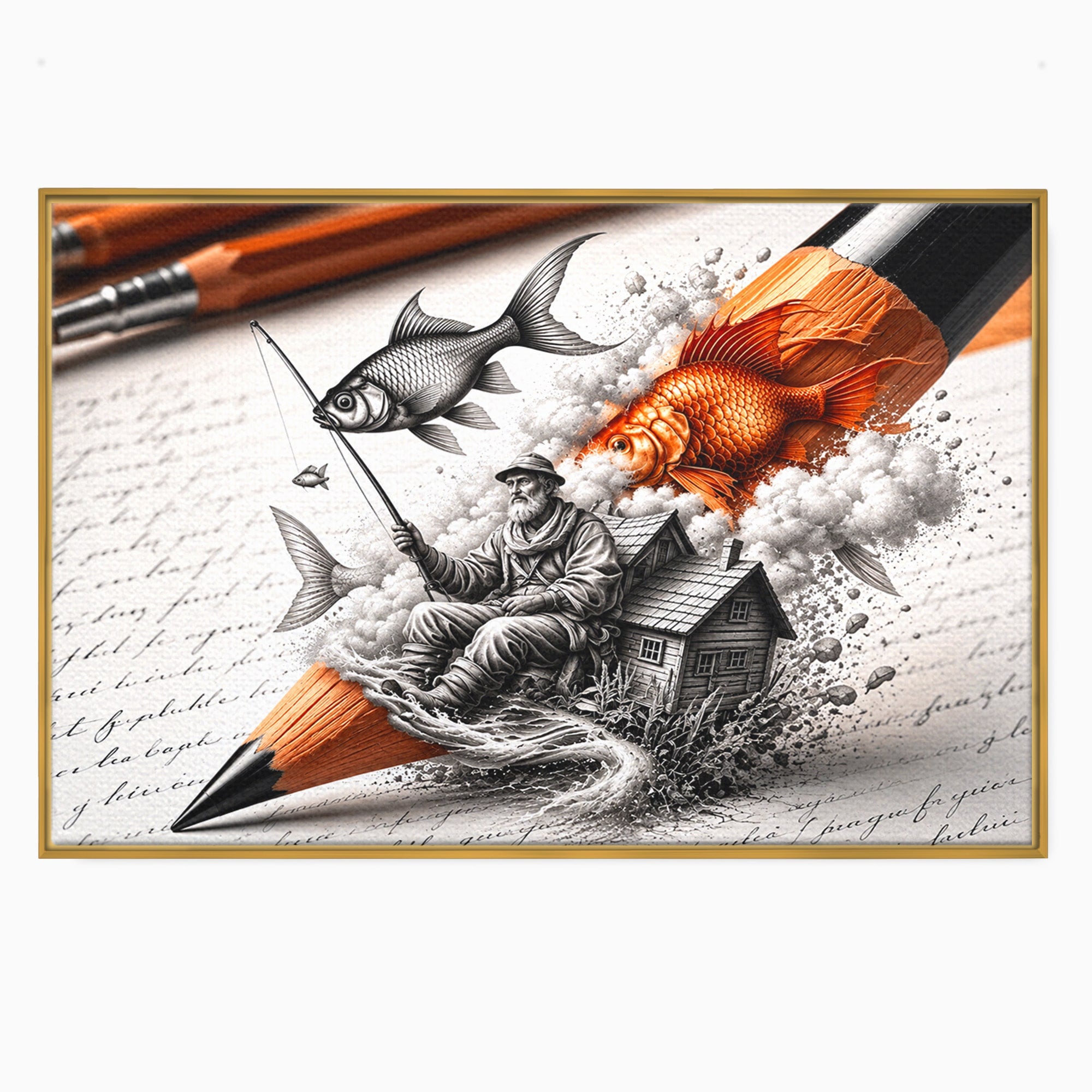 Tablou Canvas Premium LuxCanva® U1211, Pescuitul Imaginatiei, Fantezie, Creativitate, Pescar, Pescuit, Birou, Culori Vibrante