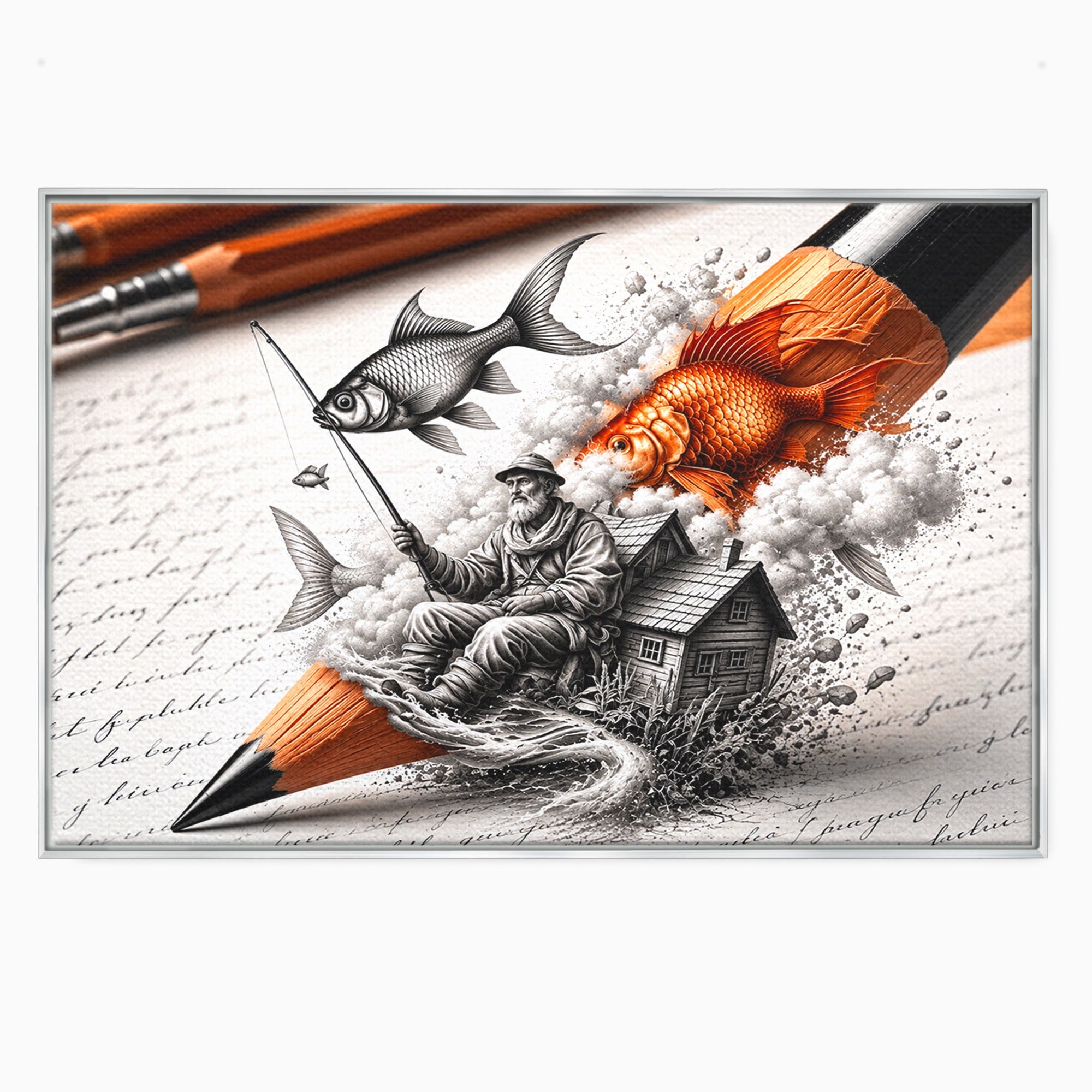 Tablou Canvas Premium LuxCanva® U1211, Pescuitul Imaginatiei, Fantezie, Creativitate, Pescar, Pescuit, Birou, Culori Vibrante
