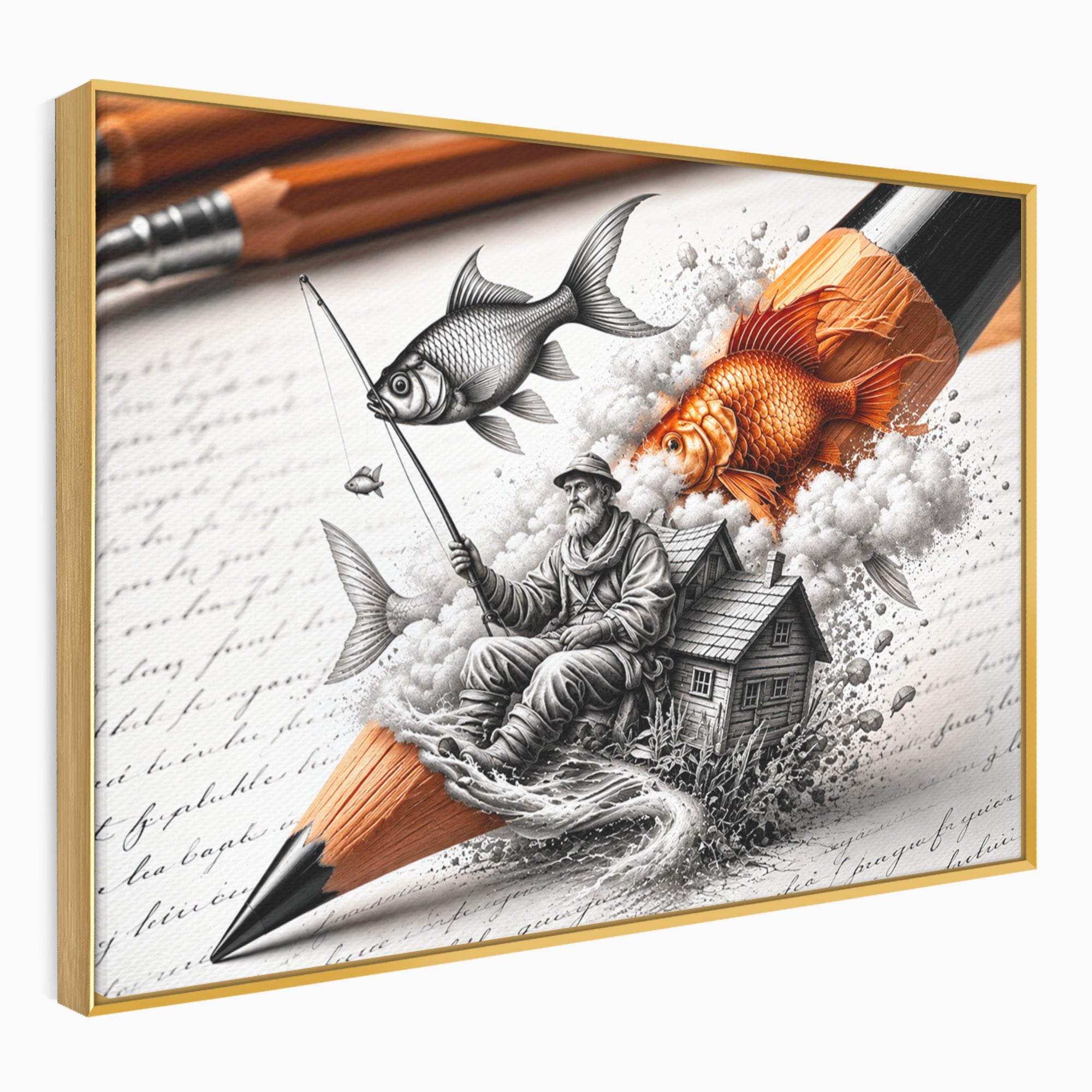 Tablou Canvas Premium LuxCanva® U1211, Pescuitul Imaginatiei, Fantezie, Creativitate, Pescar, Pescuit, Birou, Culori Vibrante