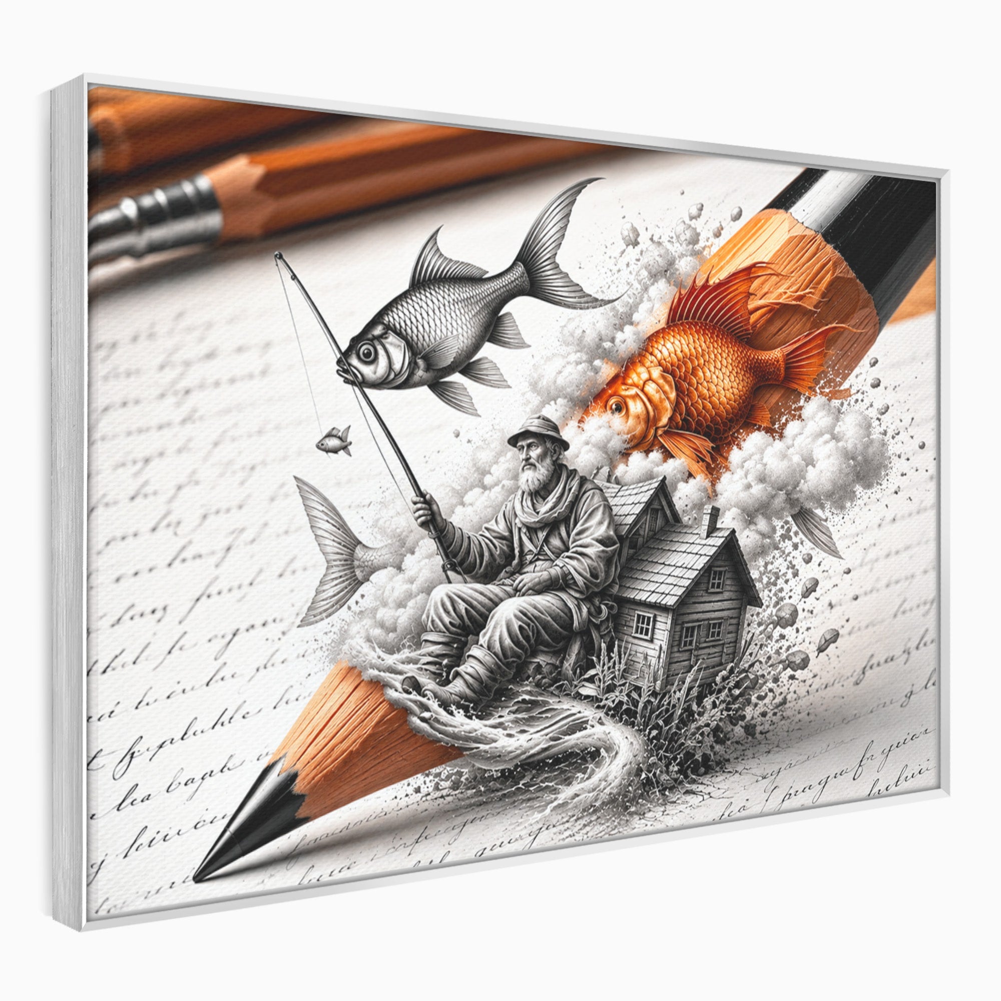 Tablou Canvas Premium LuxCanva® U1211, Pescuitul Imaginatiei, Fantezie, Creativitate, Pescar, Pescuit, Birou, Culori Vibrante