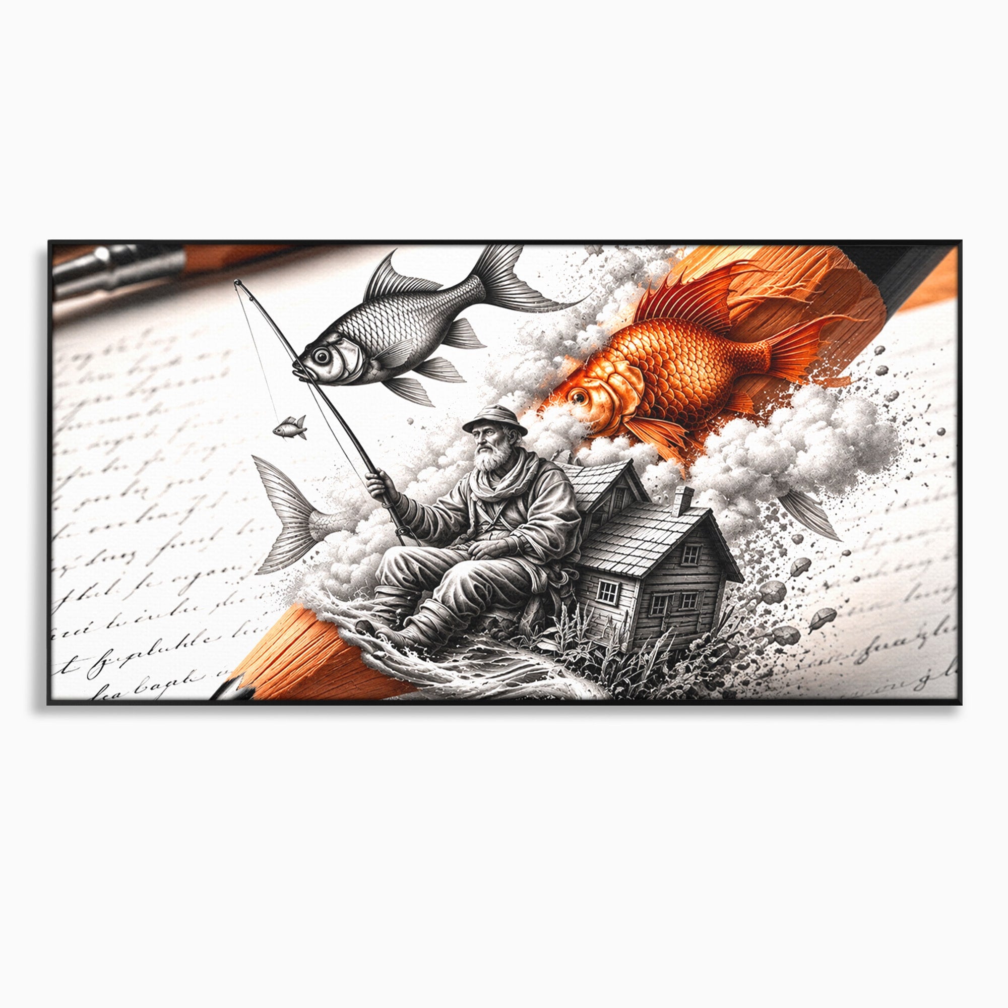 Tablou Canvas Premium LuxCanva® U1211, Pescuitul Imaginatiei, Fantezie, Creativitate, Pescar, Pescuit, Birou, Culori Vibrante