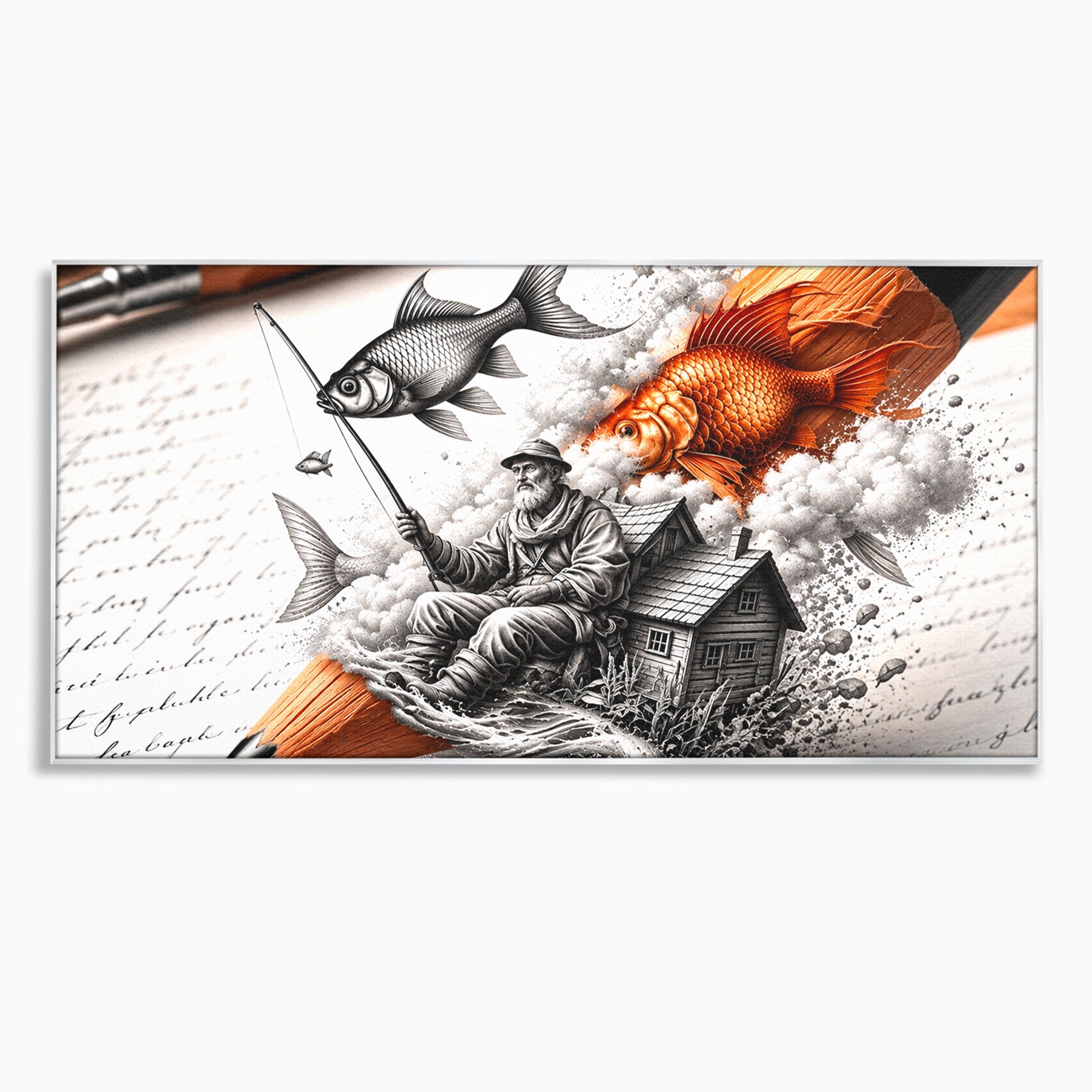 Tablou Canvas Premium LuxCanva® U1211, Pescuitul Imaginatiei, Fantezie, Creativitate, Pescar, Pescuit, Birou, Culori Vibrante