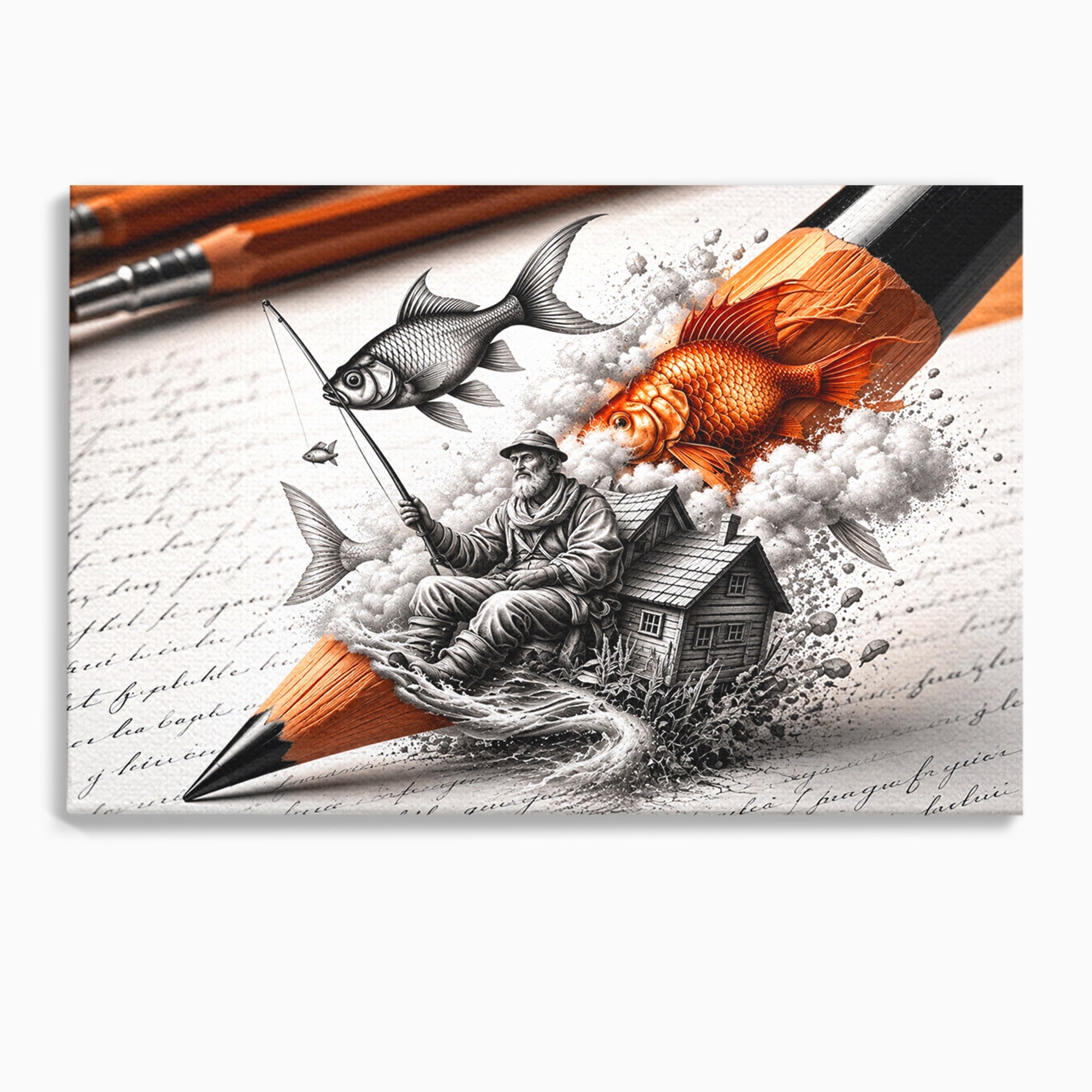 Tablou Canvas Premium LuxCanva® U1211, Pescuitul Imaginatiei, Fantezie, Creativitate, Pescar, Pescuit, Birou, Culori Vibrante