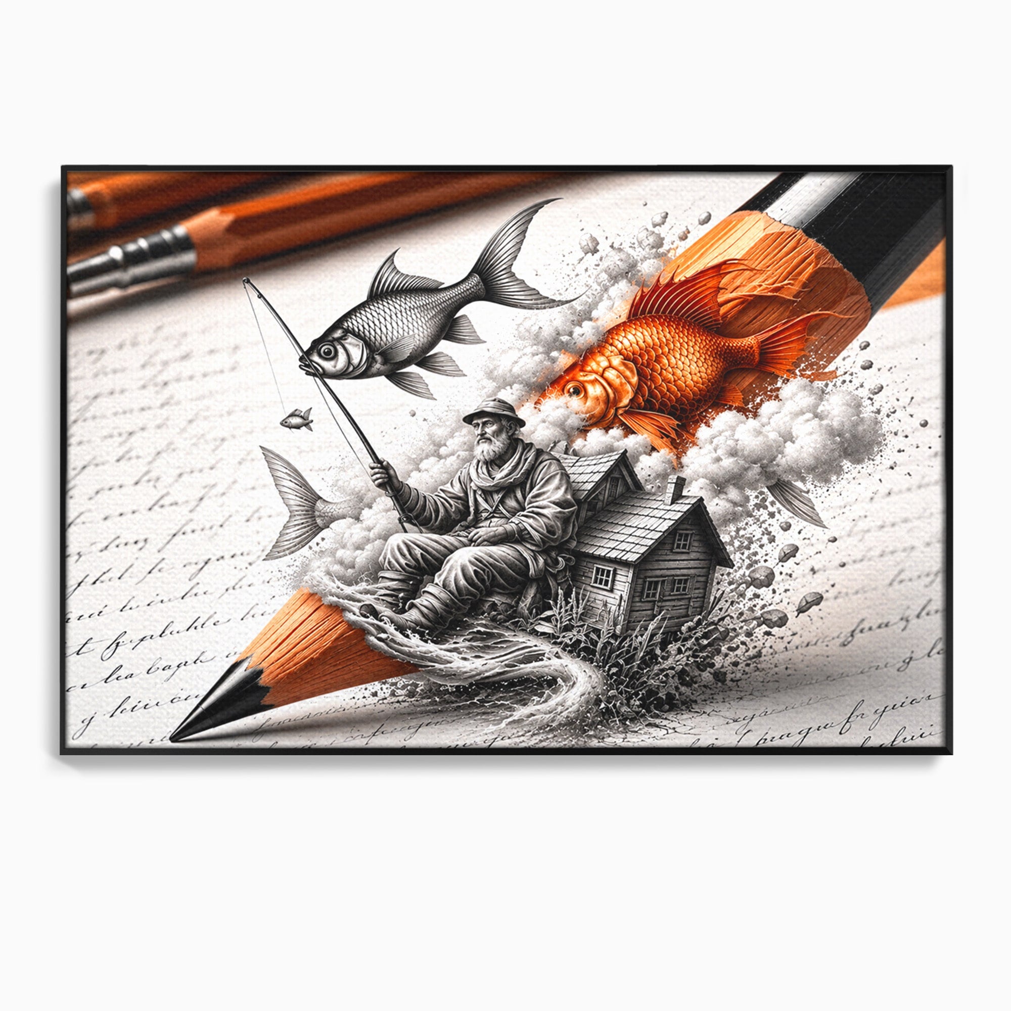 Tablou Canvas Premium LuxCanva® U1211, Pescuitul Imaginatiei, Fantezie, Creativitate, Pescar, Pescuit, Birou, Culori Vibrante