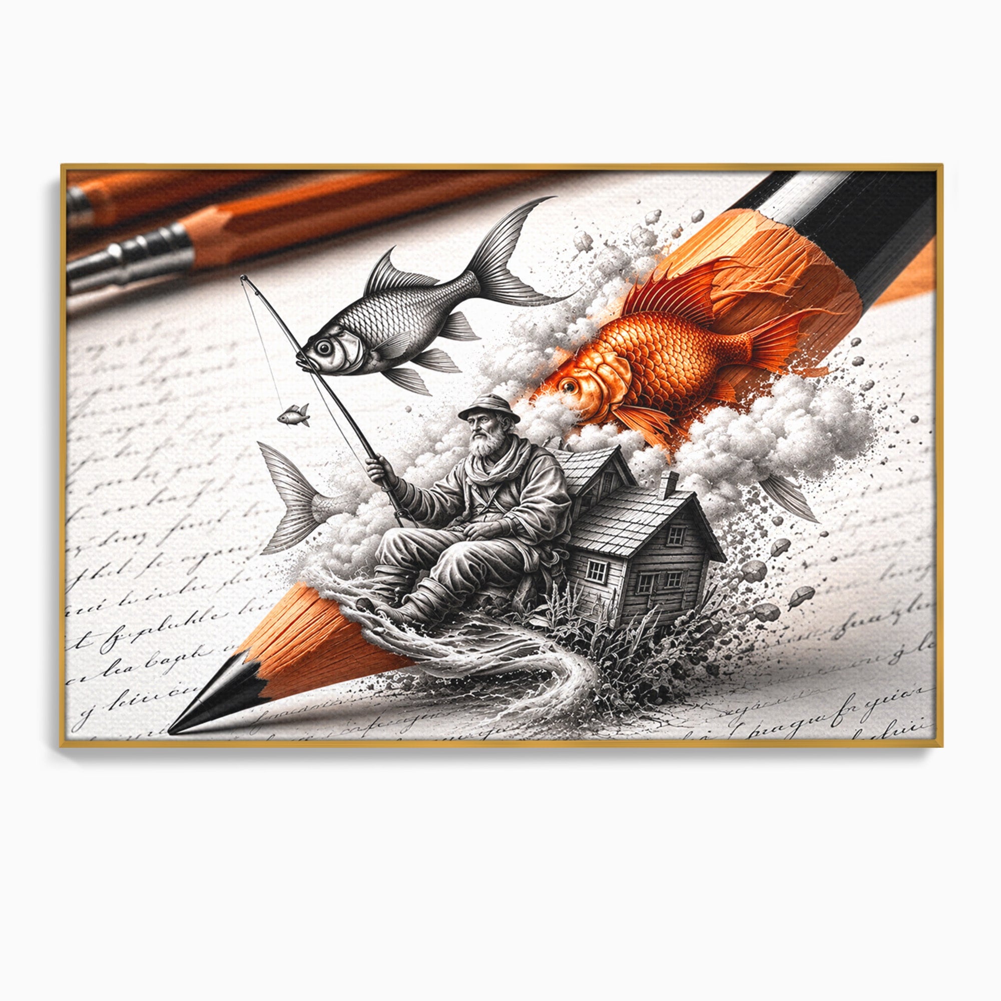 Tablou Canvas Premium LuxCanva® U1211, Pescuitul Imaginatiei, Fantezie, Creativitate, Pescar, Pescuit, Birou, Culori Vibrante