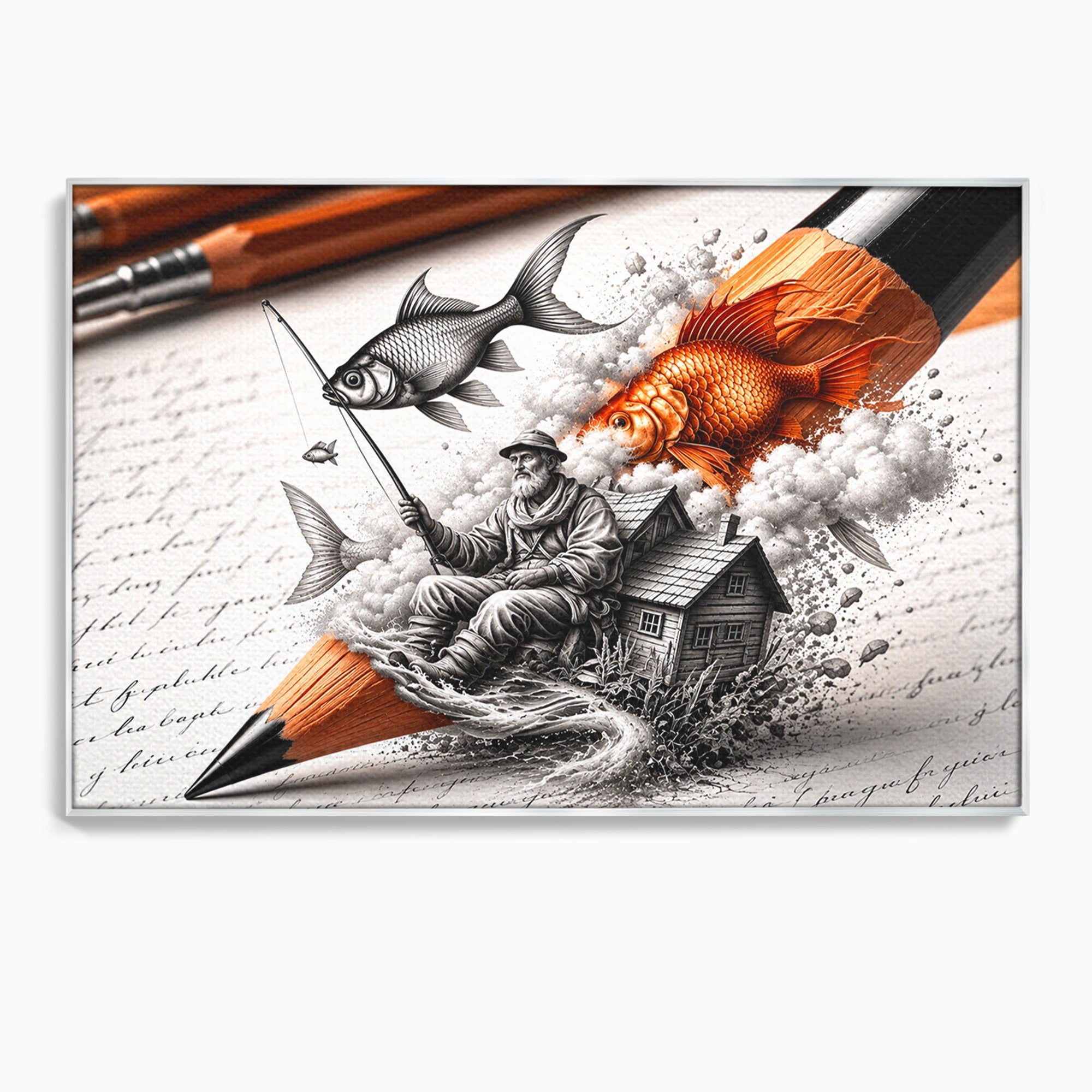 Tablou Canvas Premium LuxCanva® U1211, Pescuitul Imaginatiei, Fantezie, Creativitate, Pescar, Pescuit, Birou, Culori Vibrante