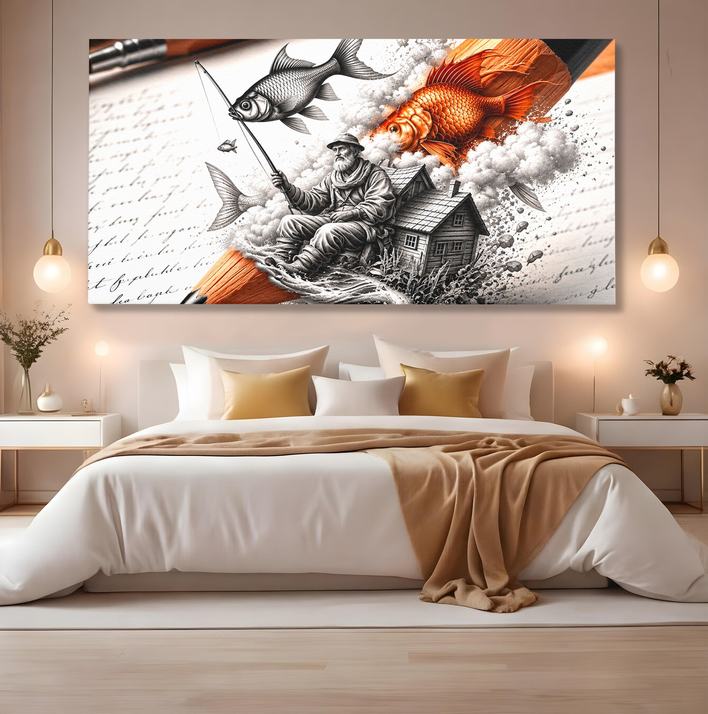 Tablou Canvas Premium LuxCanva® U1211, Pescuitul Imaginatiei, Fantezie, Creativitate, Pescar, Pescuit, Birou, Culori Vibrante