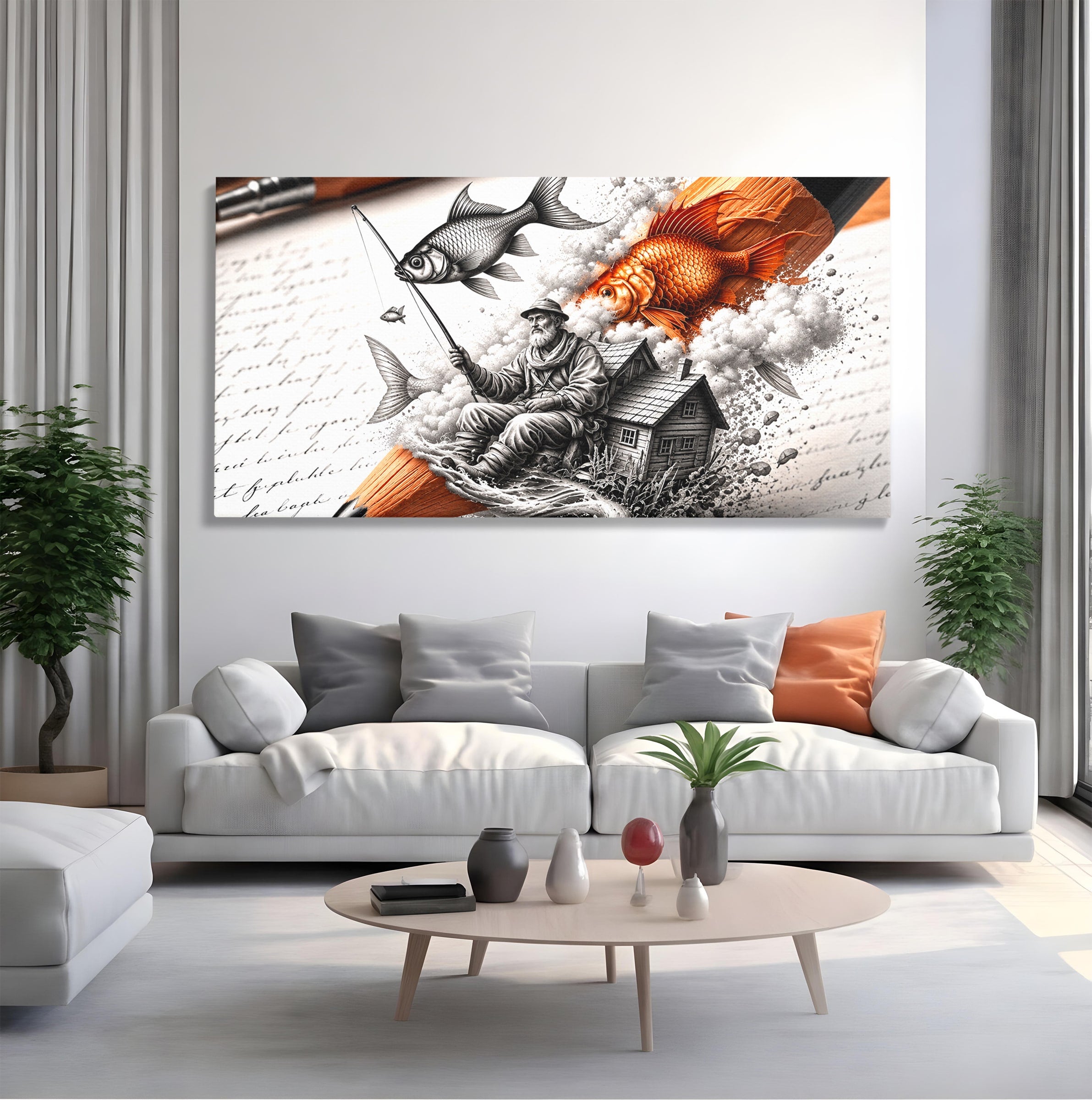 Tablou Canvas Premium LuxCanva® U1211, Pescuitul Imaginatiei, Fantezie, Creativitate, Pescar, Pescuit, Birou, Culori Vibrante