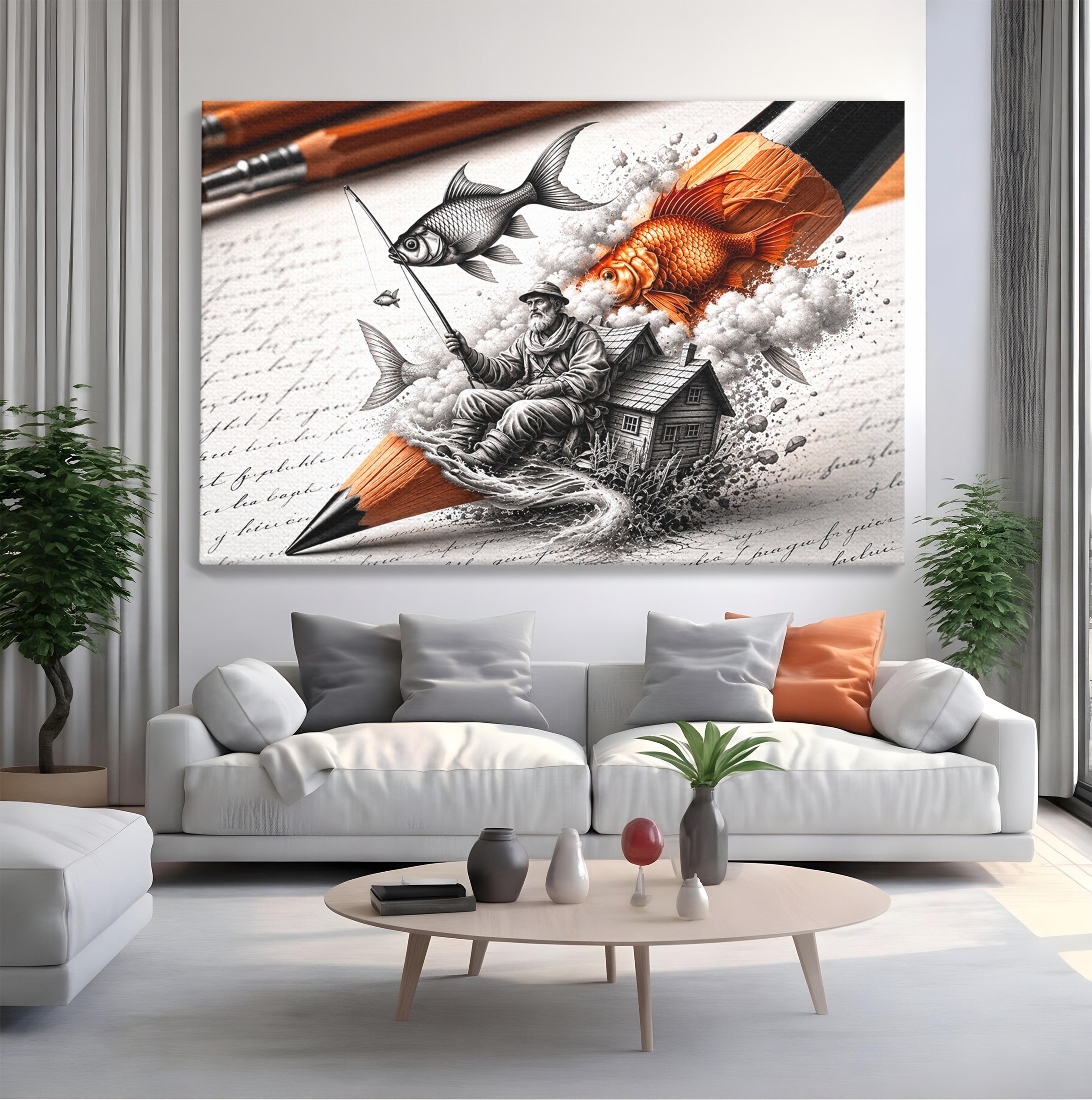 Tablou Canvas Premium LuxCanva® U1211, Pescuitul Imaginatiei, Fantezie, Creativitate, Pescar, Pescuit, Birou, Culori Vibrante