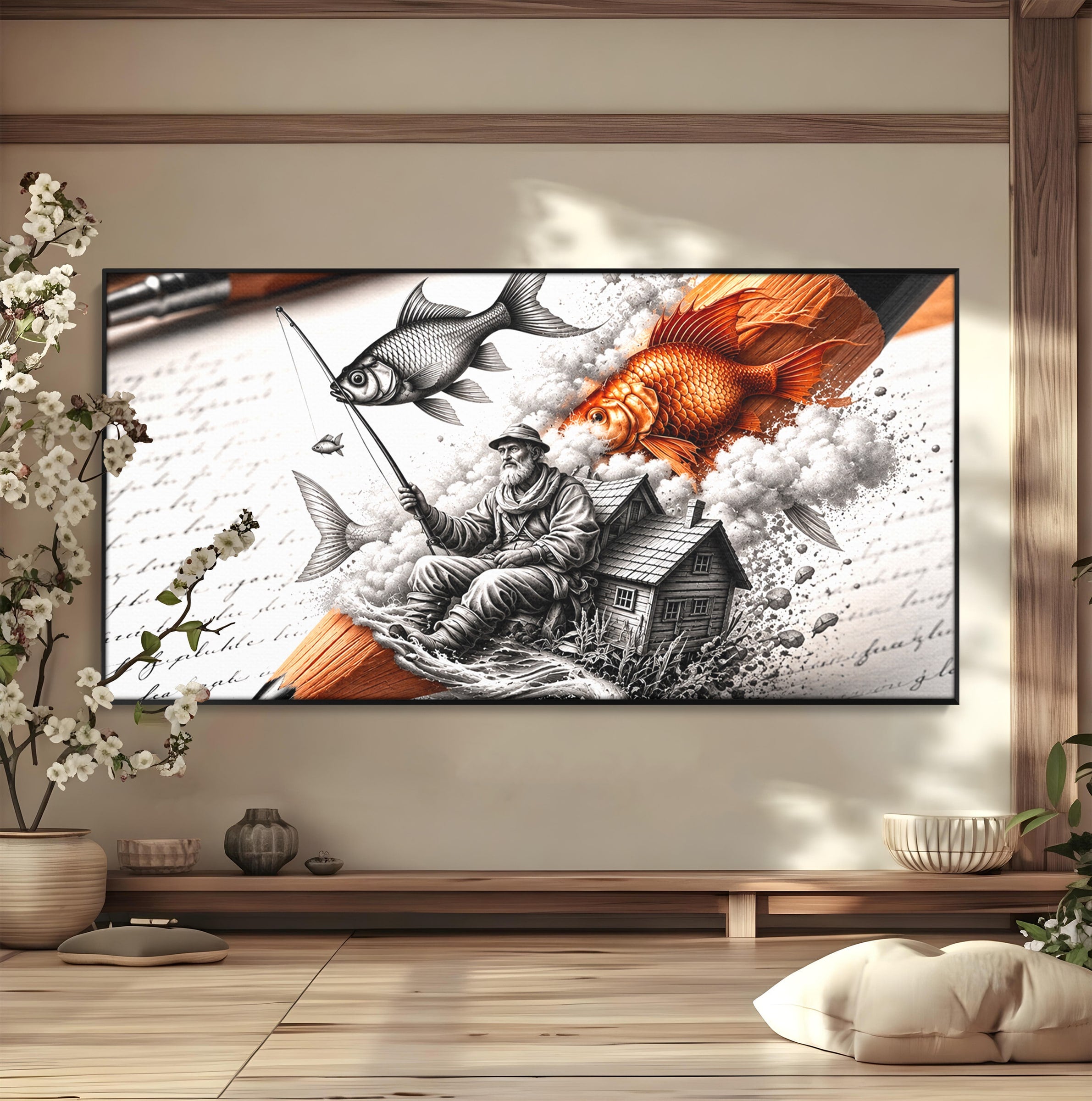 Tablou Canvas Premium LuxCanva® U1211, Pescuitul Imaginatiei, Fantezie, Creativitate, Pescar, Pescuit, Birou, Culori Vibrante