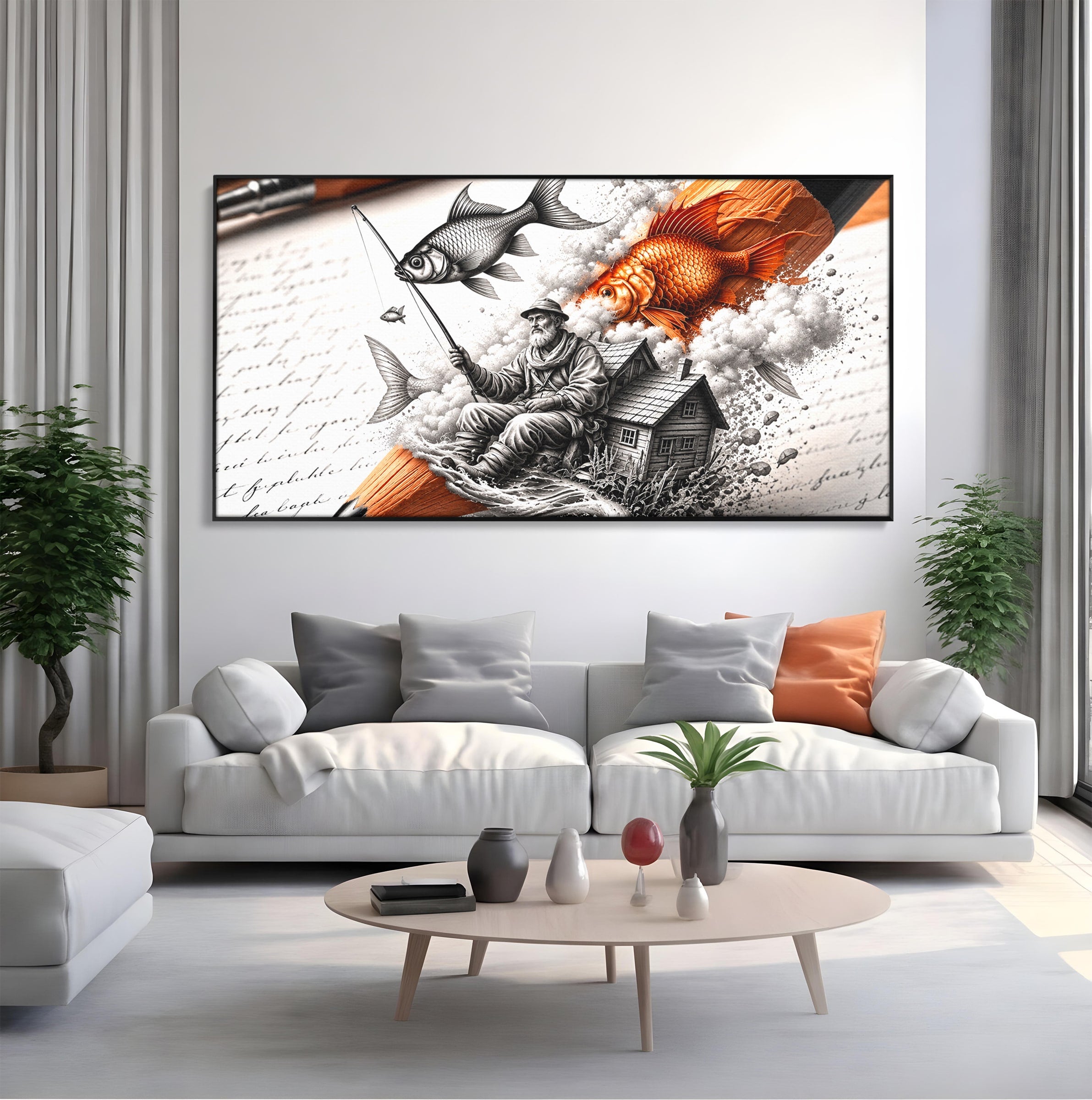 Tablou Canvas Premium LuxCanva® U1211, Pescuitul Imaginatiei, Fantezie, Creativitate, Pescar, Pescuit, Birou, Culori Vibrante