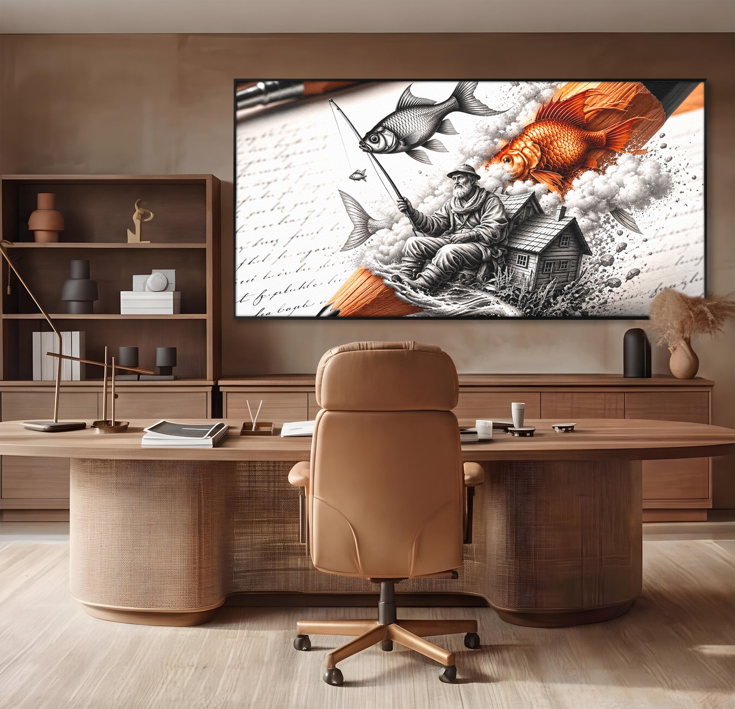 Tablou Canvas Premium LuxCanva® U1211, Pescuitul Imaginatiei, Fantezie, Creativitate, Pescar, Pescuit, Birou, Culori Vibrante