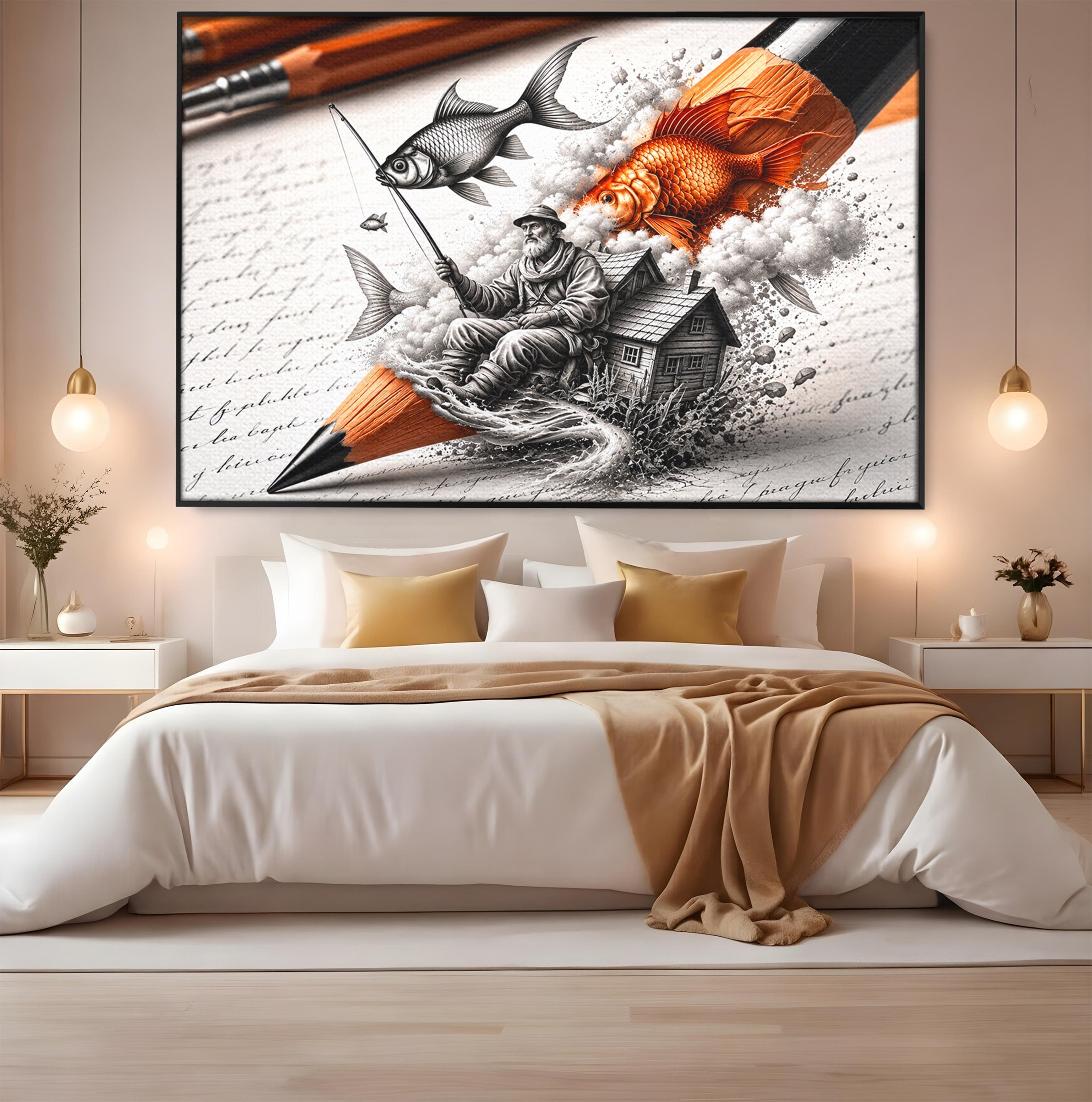 Tablou Canvas Premium LuxCanva® U1211, Pescuitul Imaginatiei, Fantezie, Creativitate, Pescar, Pescuit, Birou, Culori Vibrante