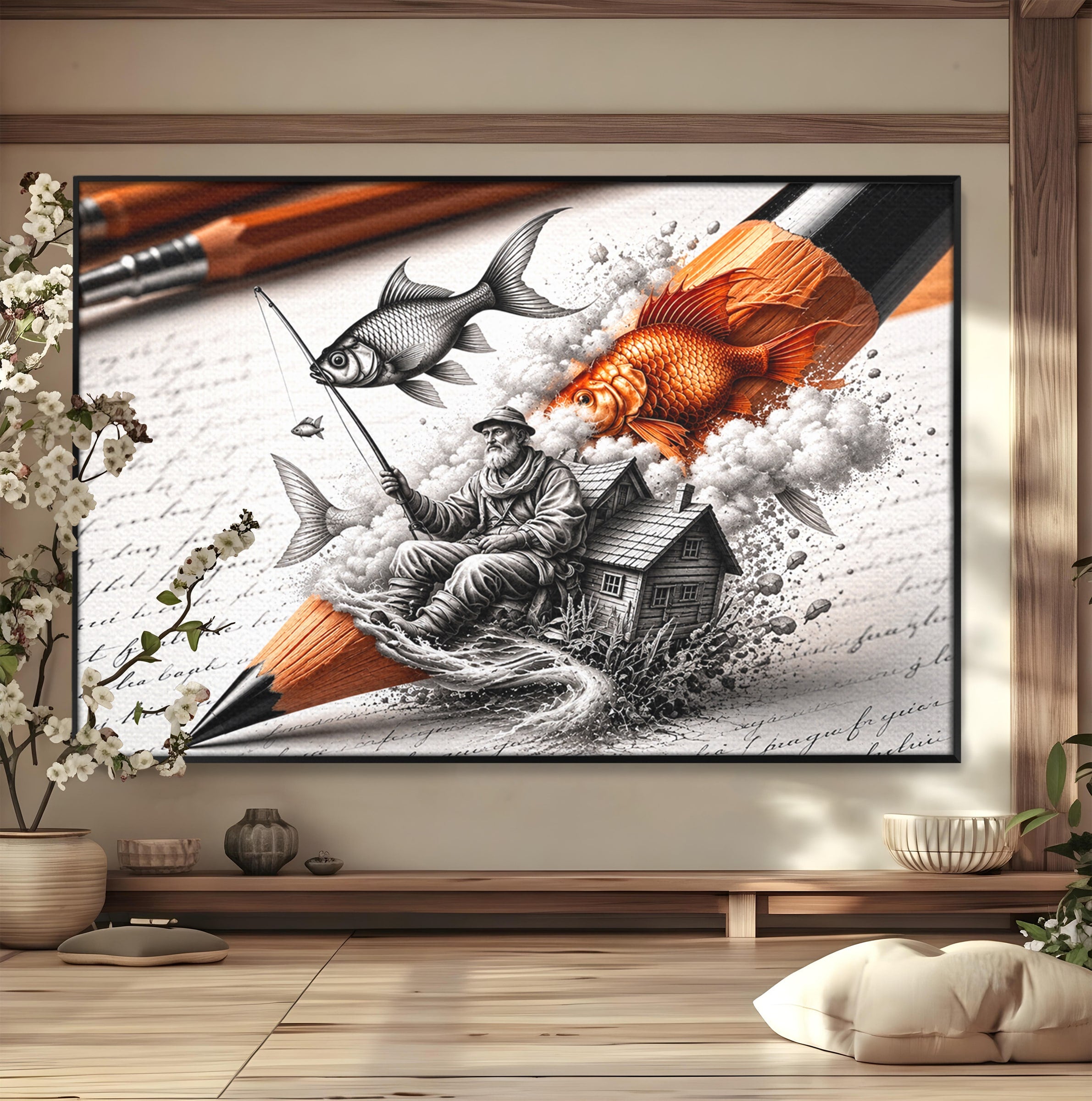Tablou Canvas Premium LuxCanva® U1211, Pescuitul Imaginatiei, Fantezie, Creativitate, Pescar, Pescuit, Birou, Culori Vibrante