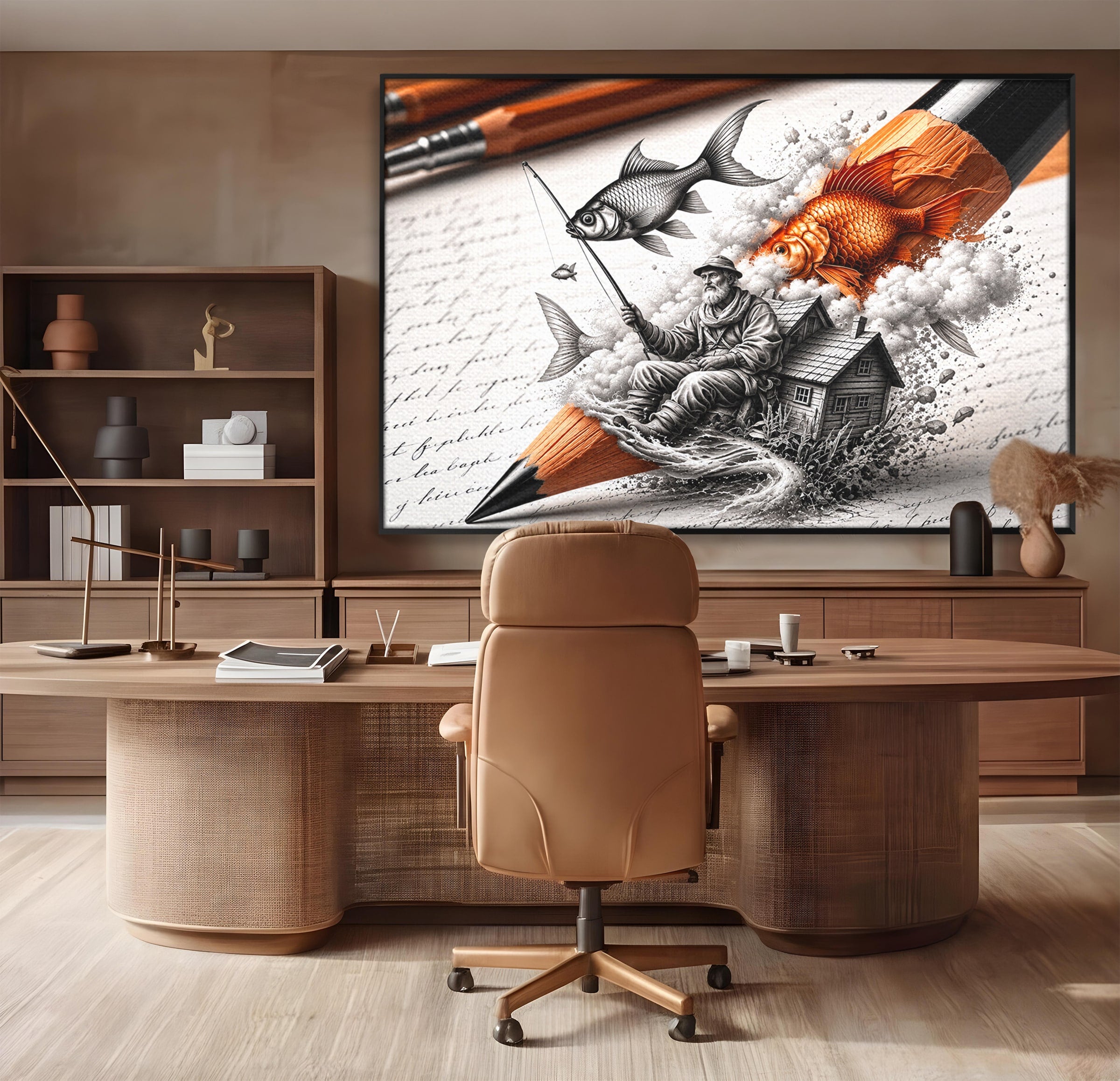Tablou Canvas Premium LuxCanva® U1211, Pescuitul Imaginatiei, Fantezie, Creativitate, Pescar, Pescuit, Birou, Culori Vibrante