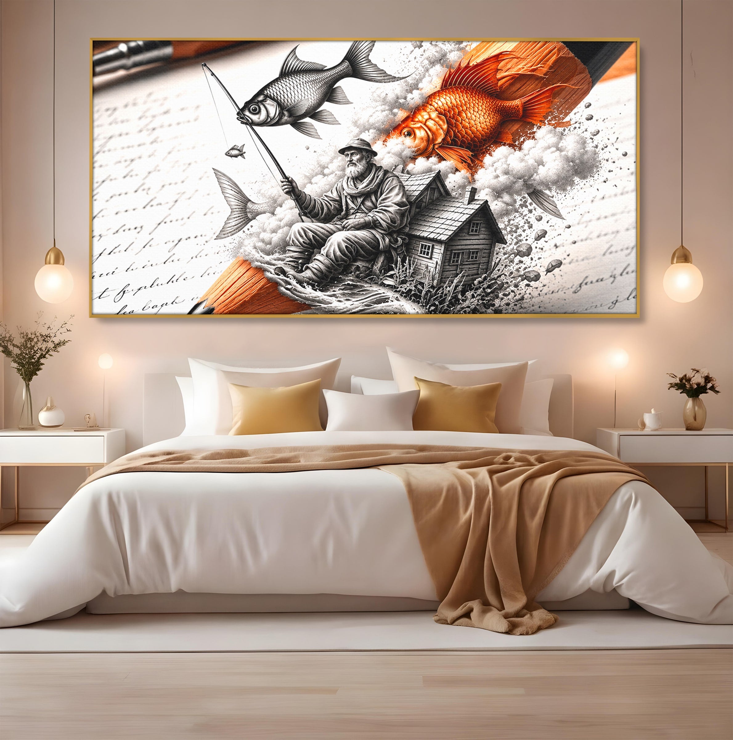 Tablou Canvas Premium LuxCanva® U1211, Pescuitul Imaginatiei, Fantezie, Creativitate, Pescar, Pescuit, Birou, Culori Vibrante