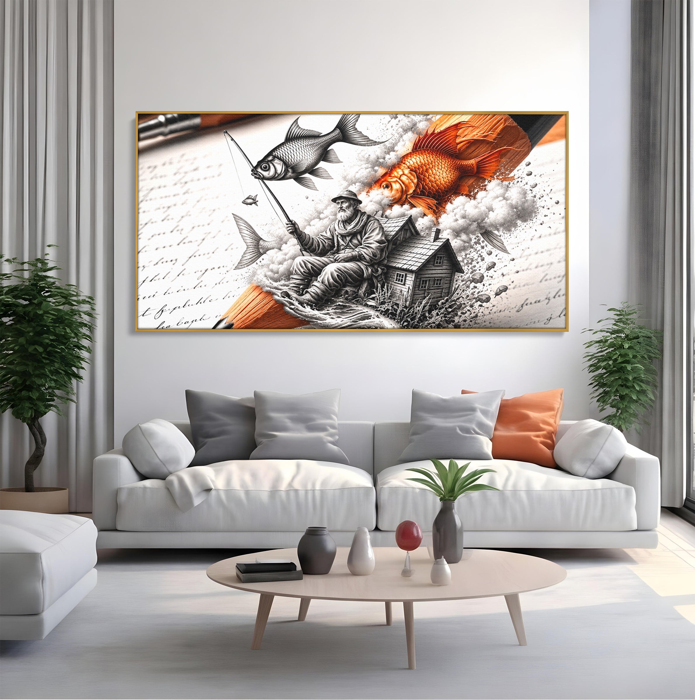Tablou Canvas Premium LuxCanva® U1211, Pescuitul Imaginatiei, Fantezie, Creativitate, Pescar, Pescuit, Birou, Culori Vibrante