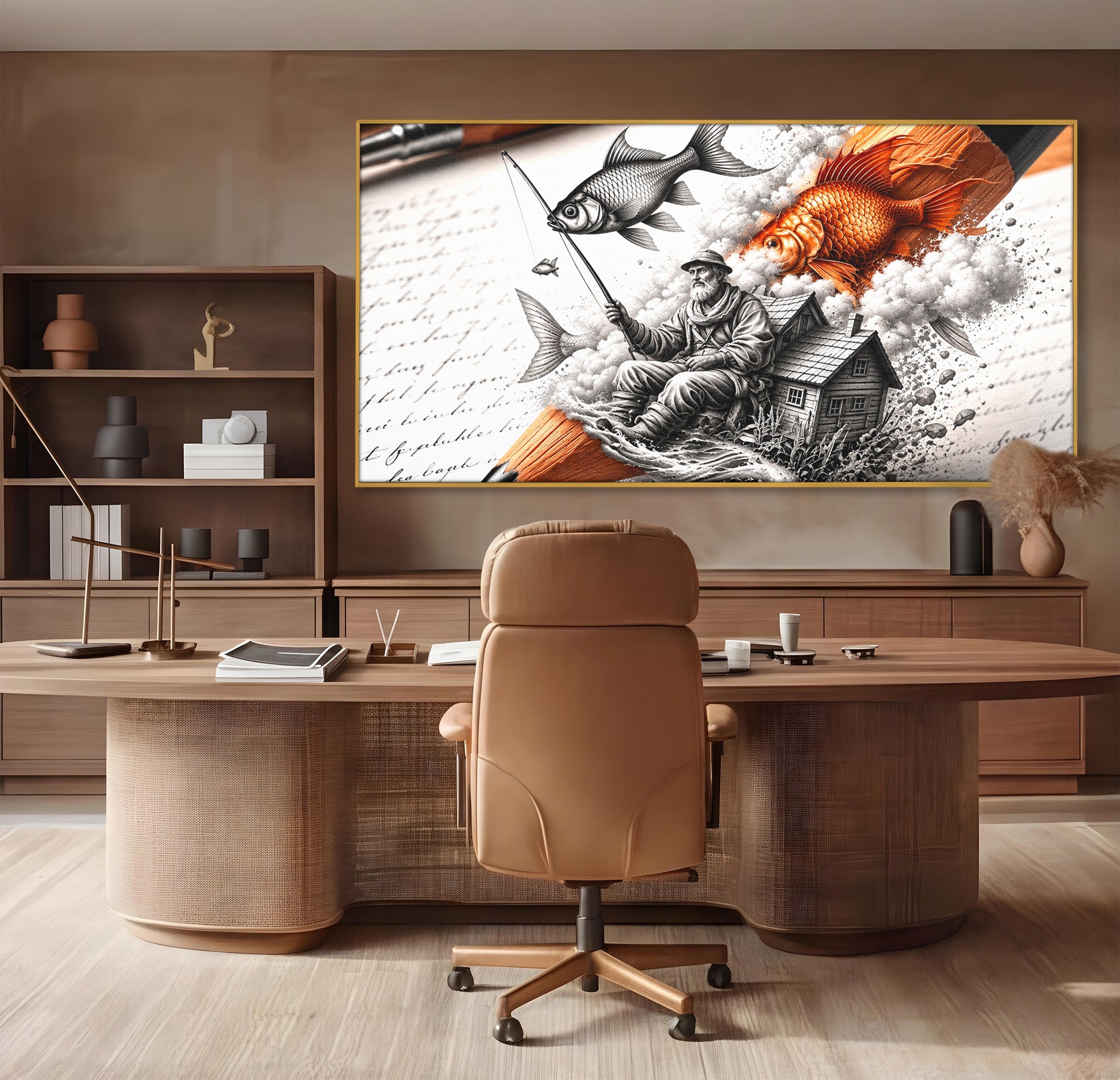 Tablou Canvas Premium LuxCanva® U1211, Pescuitul Imaginatiei, Fantezie, Creativitate, Pescar, Pescuit, Birou, Culori Vibrante