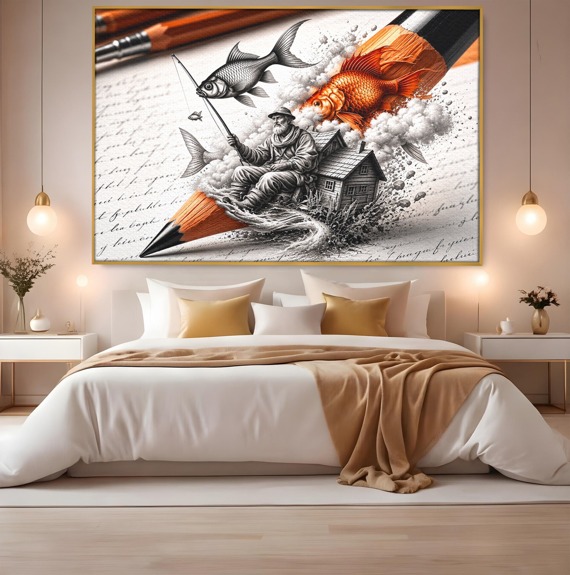 Tablou Canvas Premium LuxCanva® U1211, Pescuitul Imaginatiei, Fantezie, Creativitate, Pescar, Pescuit, Birou, Culori Vibrante