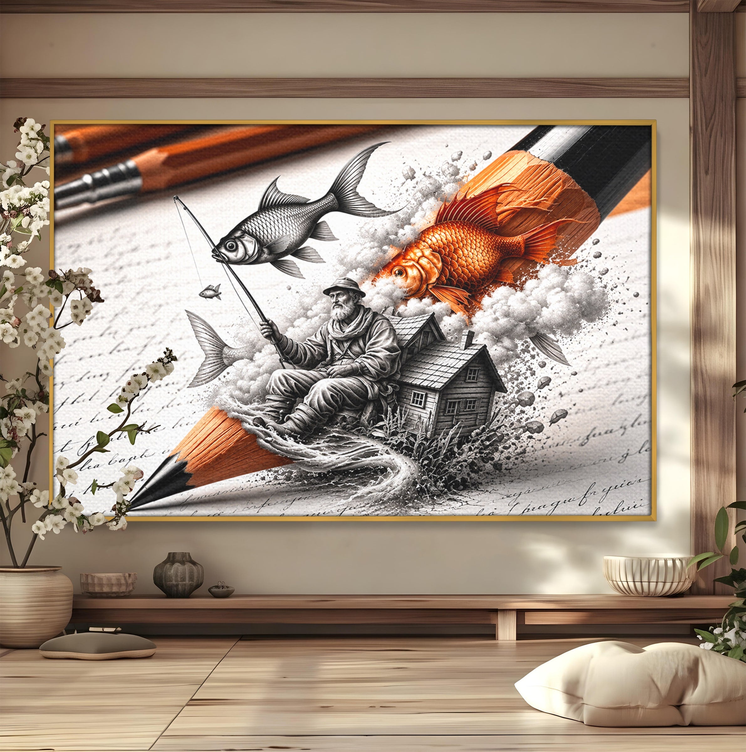 Tablou Canvas Premium LuxCanva® U1211, Pescuitul Imaginatiei, Fantezie, Creativitate, Pescar, Pescuit, Birou, Culori Vibrante