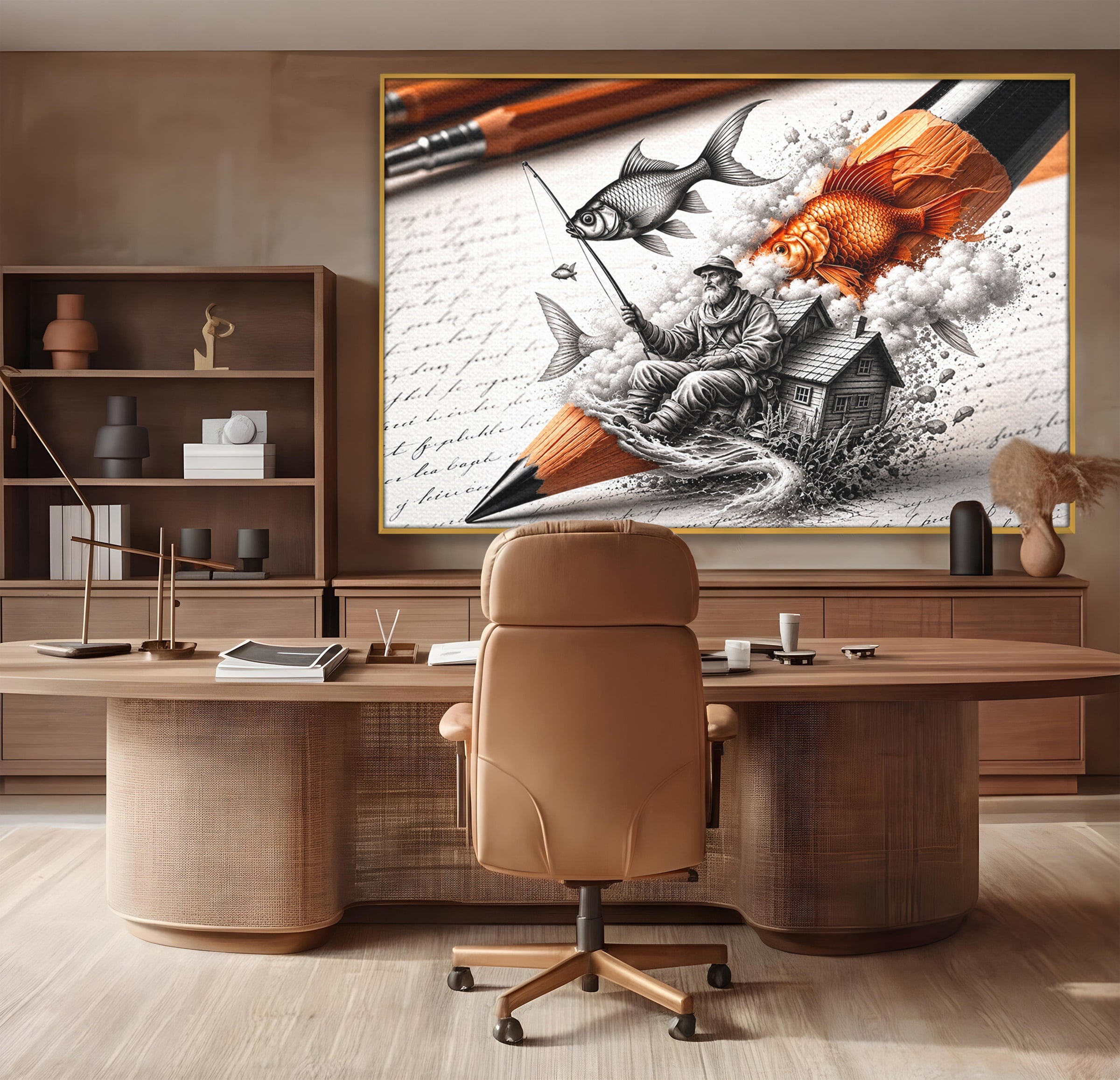 Tablou Canvas Premium LuxCanva® U1211, Pescuitul Imaginatiei, Fantezie, Creativitate, Pescar, Pescuit, Birou, Culori Vibrante