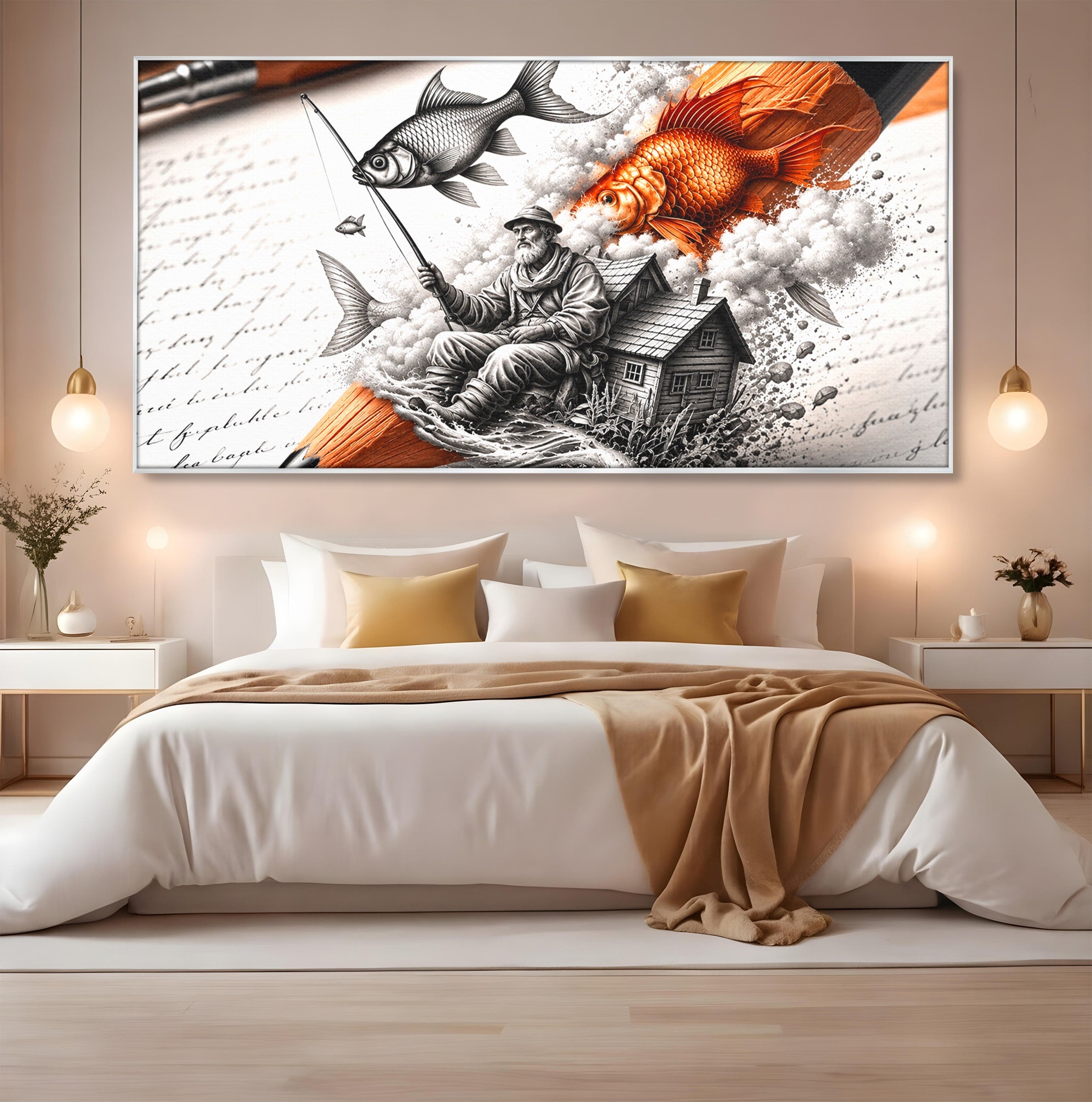 Tablou Canvas Premium LuxCanva® U1211, Pescuitul Imaginatiei, Fantezie, Creativitate, Pescar, Pescuit, Birou, Culori Vibrante