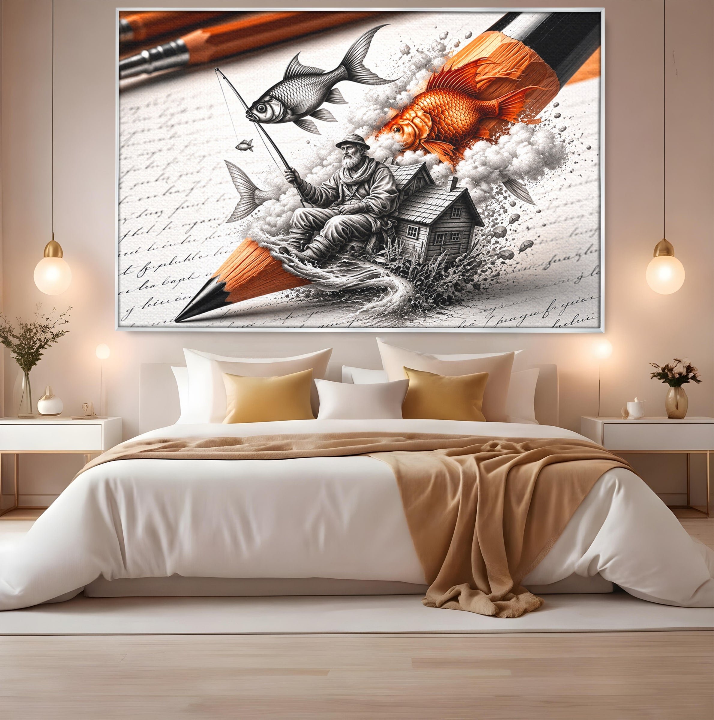 Tablou Canvas Premium LuxCanva® U1211, Pescuitul Imaginatiei, Fantezie, Creativitate, Pescar, Pescuit, Birou, Culori Vibrante