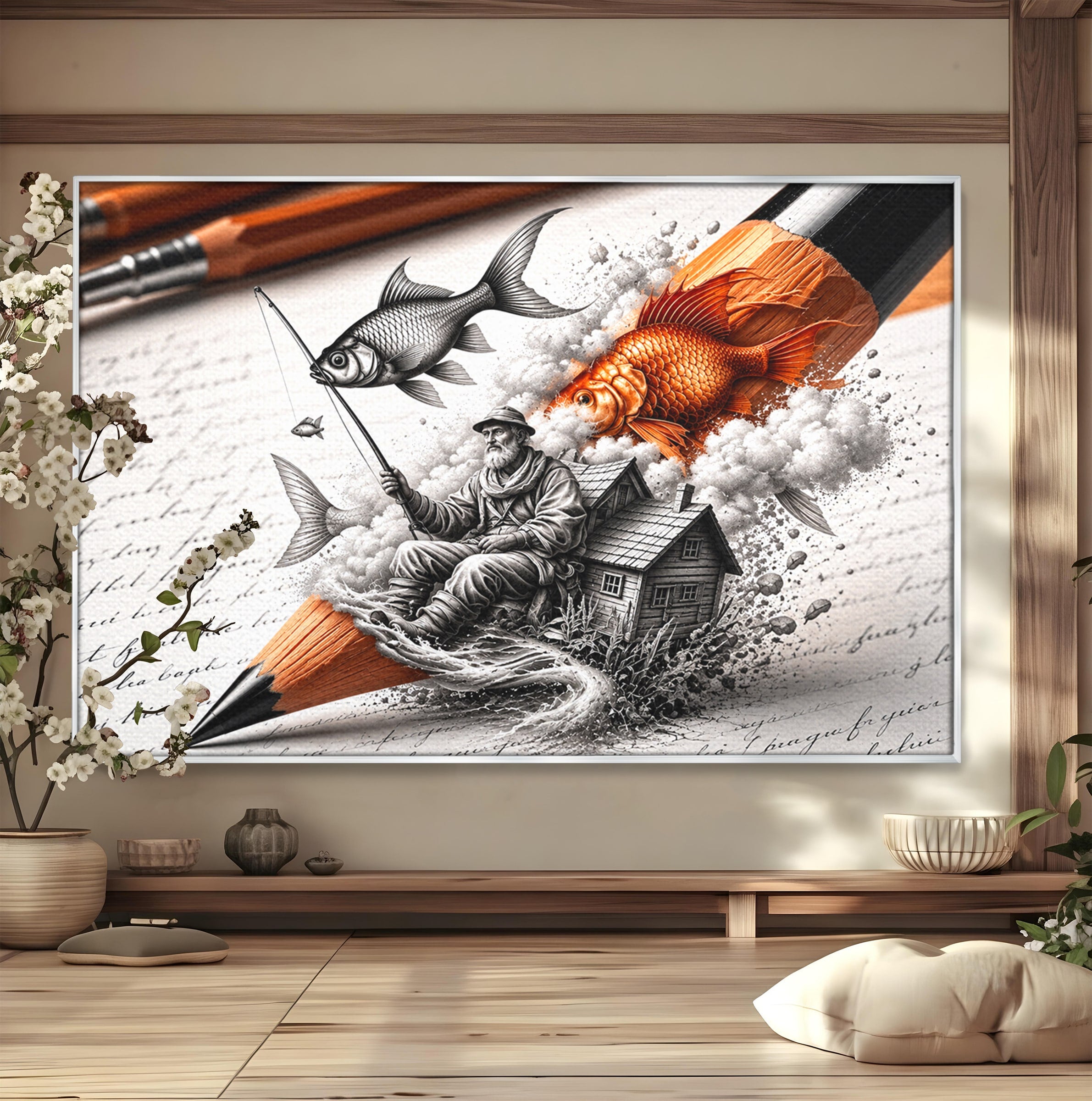 Tablou Canvas Premium LuxCanva® U1211, Pescuitul Imaginatiei, Fantezie, Creativitate, Pescar, Pescuit, Birou, Culori Vibrante