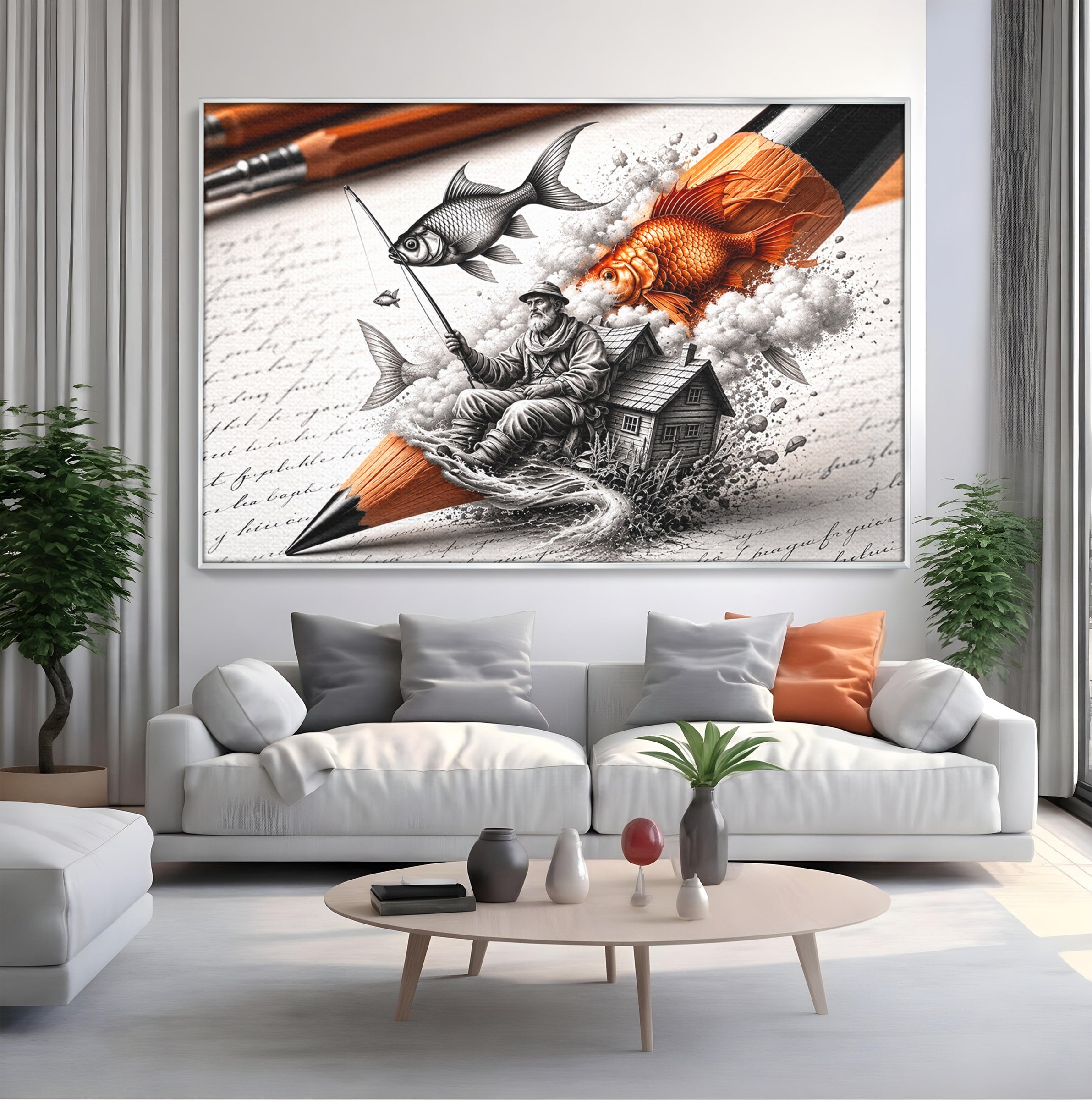 Tablou Canvas Premium LuxCanva® U1211, Pescuitul Imaginatiei, Fantezie, Creativitate, Pescar, Pescuit, Birou, Culori Vibrante