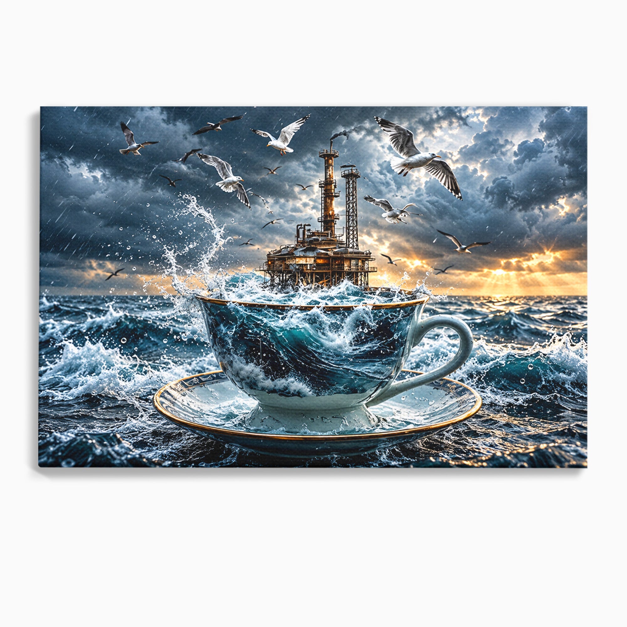 Tablou Canvas Premium LuxCanva® U1212, Furtuna In Ceasca, Mare, Pescarusi, Furtuna, Ceasca, Birou, Culori Vibrante
