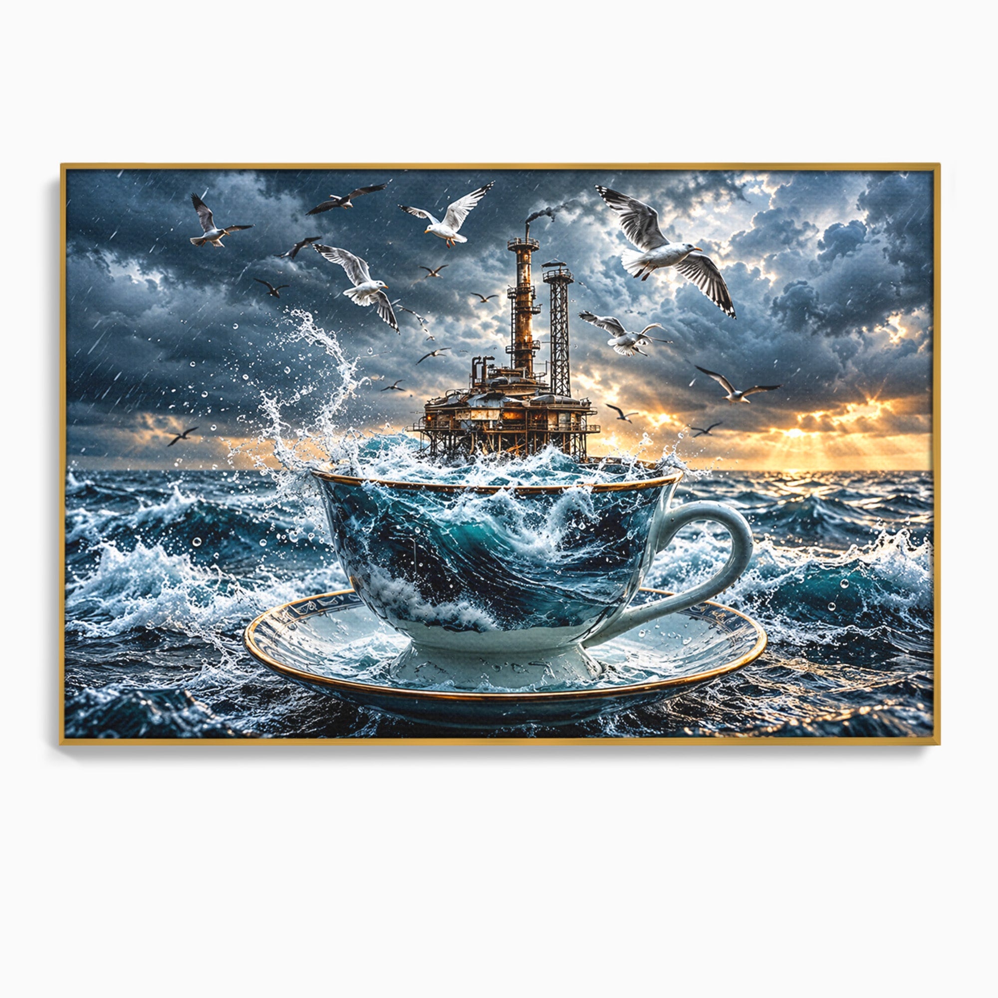 Tablou Canvas Premium LuxCanva® U1212, Furtuna In Ceasca, Mare, Pescarusi, Furtuna, Ceasca, Birou, Culori Vibrante