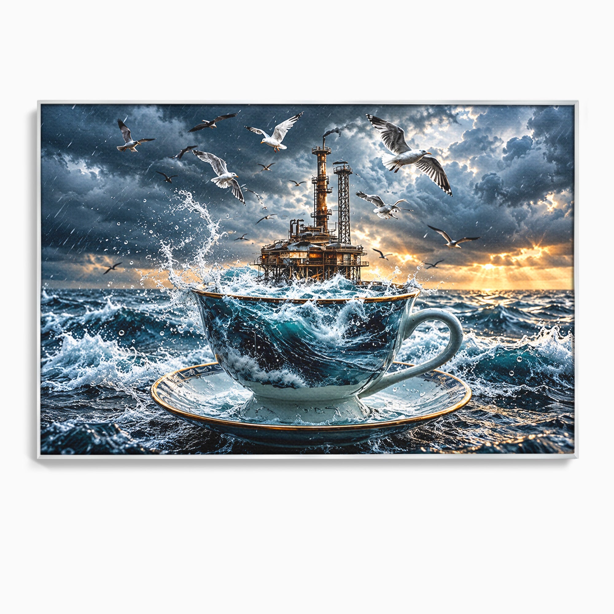 Tablou Canvas Premium LuxCanva® U1212, Furtuna In Ceasca, Mare, Pescarusi, Furtuna, Ceasca, Birou, Culori Vibrante