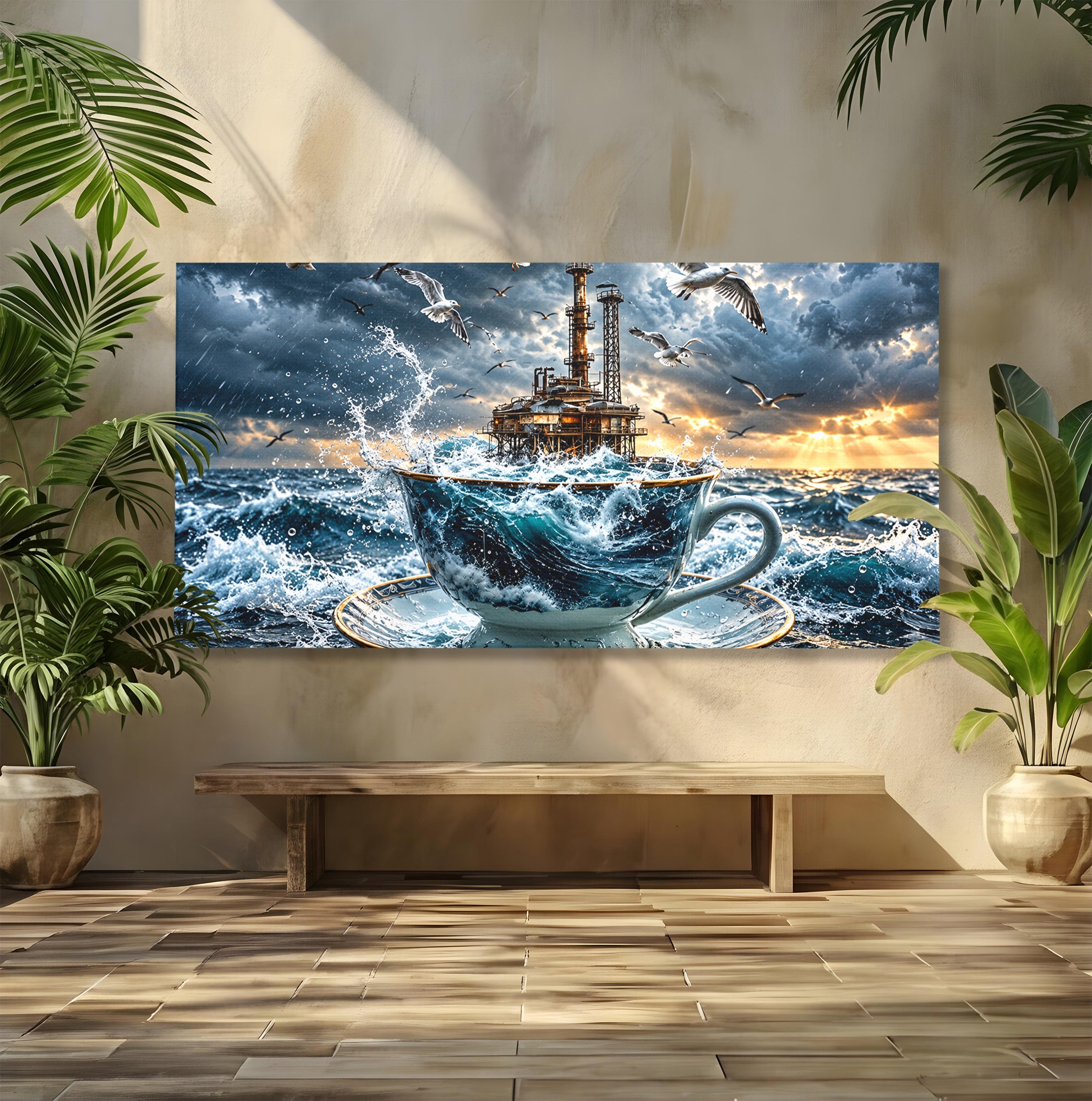 Tablou Canvas Premium LuxCanva® U1212, Furtuna In Ceasca, Mare, Pescarusi, Furtuna, Ceasca, Birou, Culori Vibrante