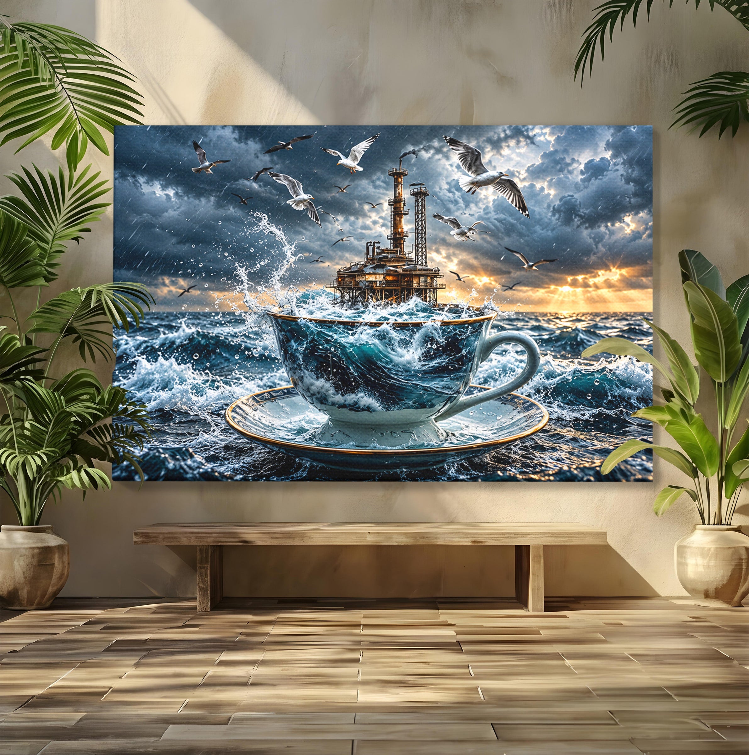 Tablou Canvas Premium LuxCanva® U1212, Furtuna In Ceasca, Mare, Pescarusi, Furtuna, Ceasca, Birou, Culori Vibrante