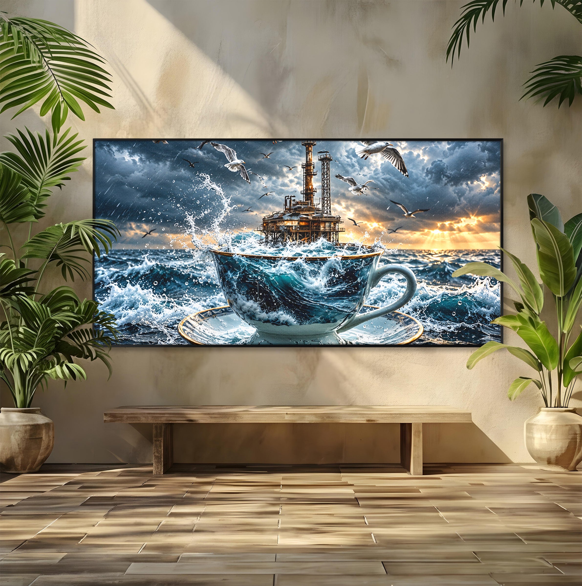 Tablou Canvas Premium LuxCanva® U1212, Furtuna In Ceasca, Mare, Pescarusi, Furtuna, Ceasca, Birou, Culori Vibrante