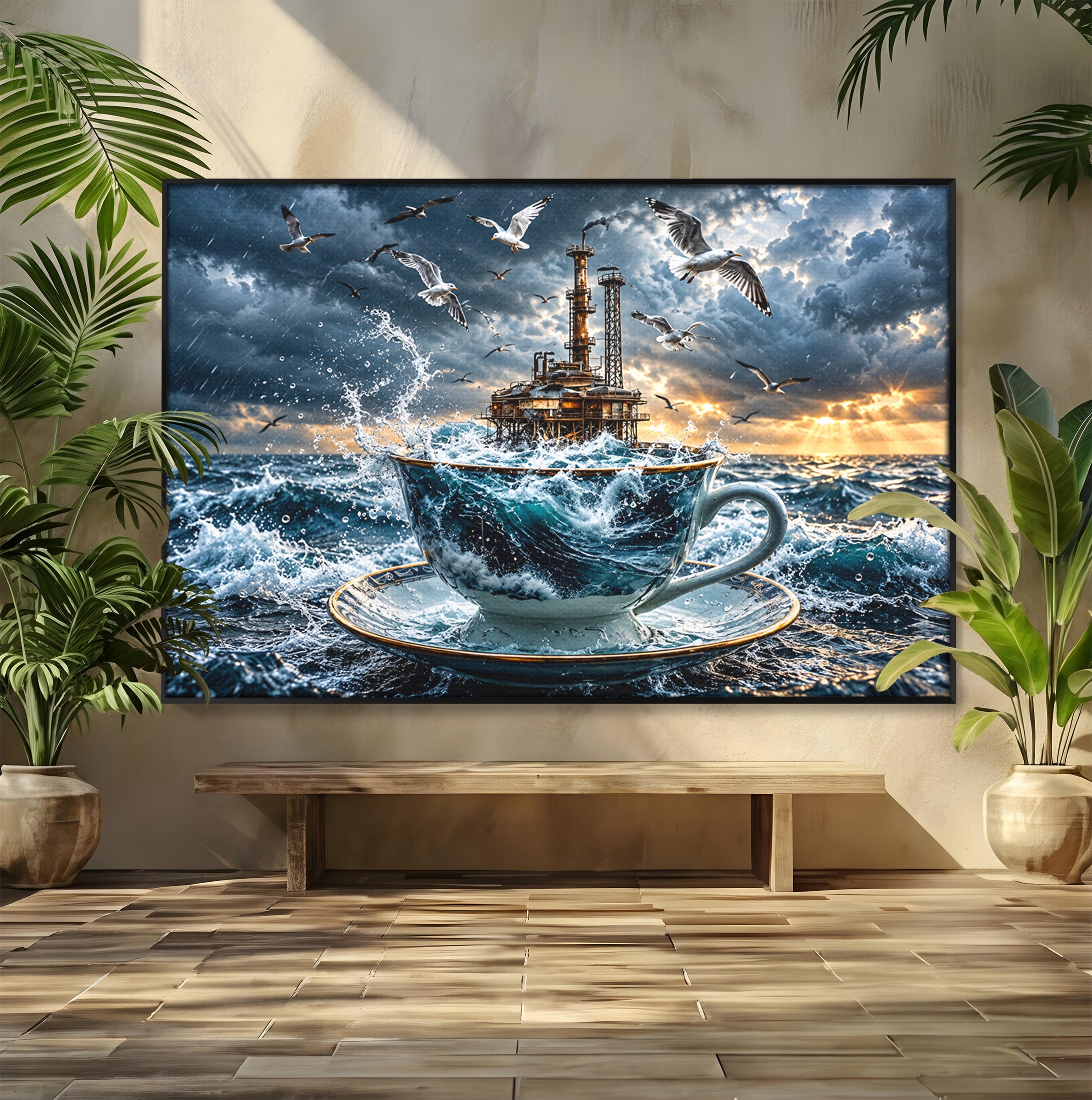 Tablou Canvas Premium LuxCanva® U1212, Furtuna In Ceasca, Mare, Pescarusi, Furtuna, Ceasca, Birou, Culori Vibrante